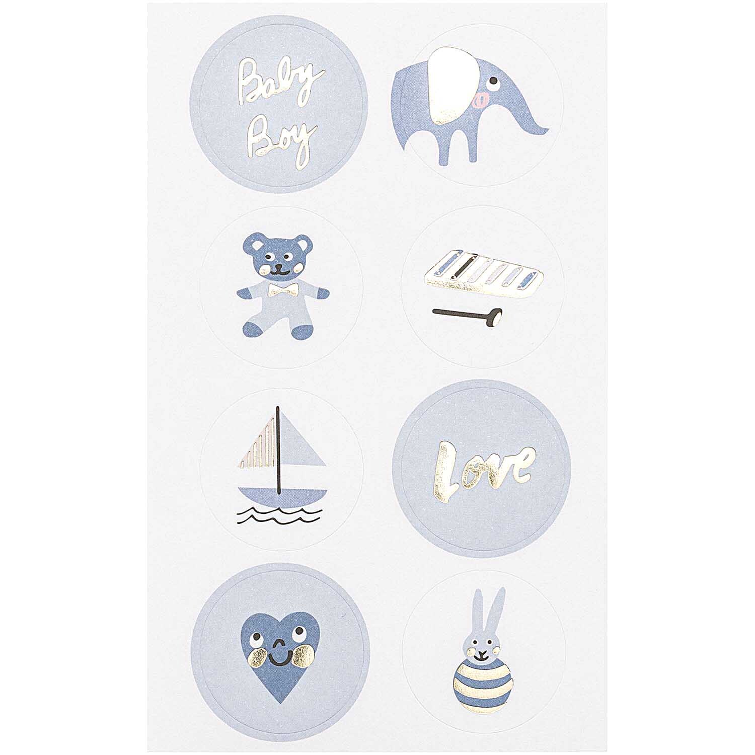 Paper Poetry Sticker Hello Baby Junge 4 Blatt mit blauen Motiven wie Elefant, Teddy und Boot.