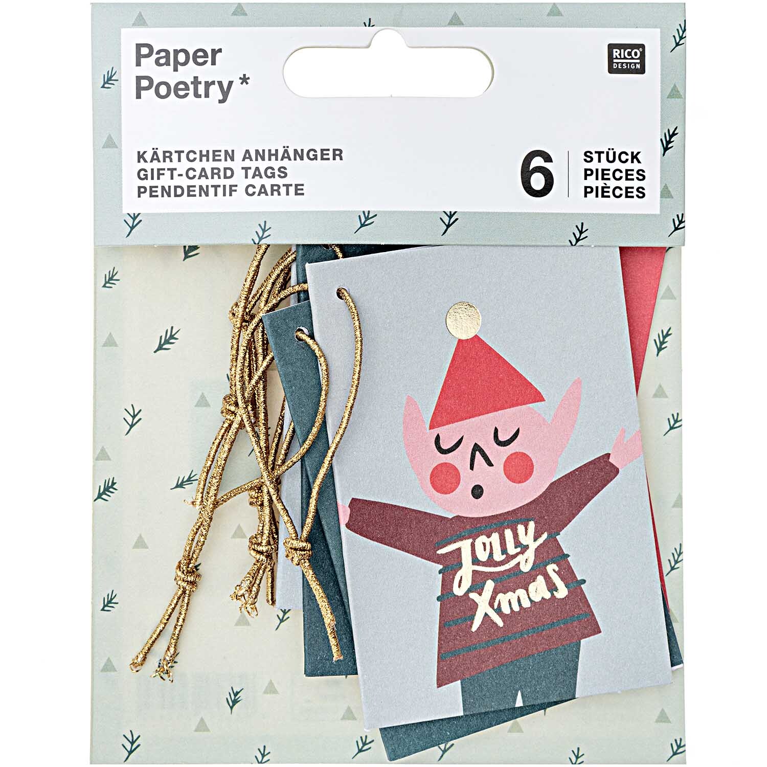 Paper Poetry Kärtchenanhänger Jolly Christmas Classic mit niedlichem Weihnachtsmotiv und goldenen Schnüren, 6 Stück von Rico Design.