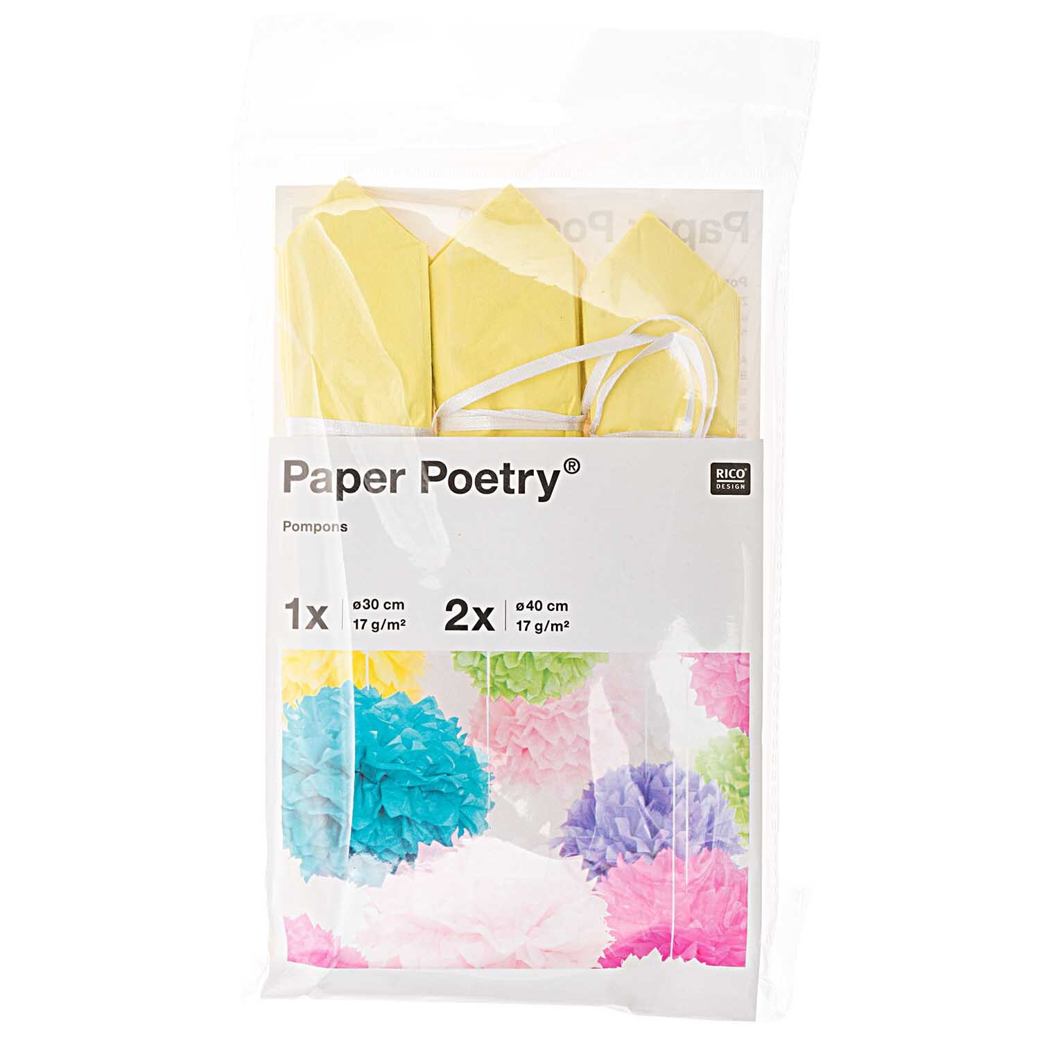 Seidenpapier Pompons 17g/m² 3 Stück von Rico Design in Gelb, verpackt in einer transparenten Tüte.