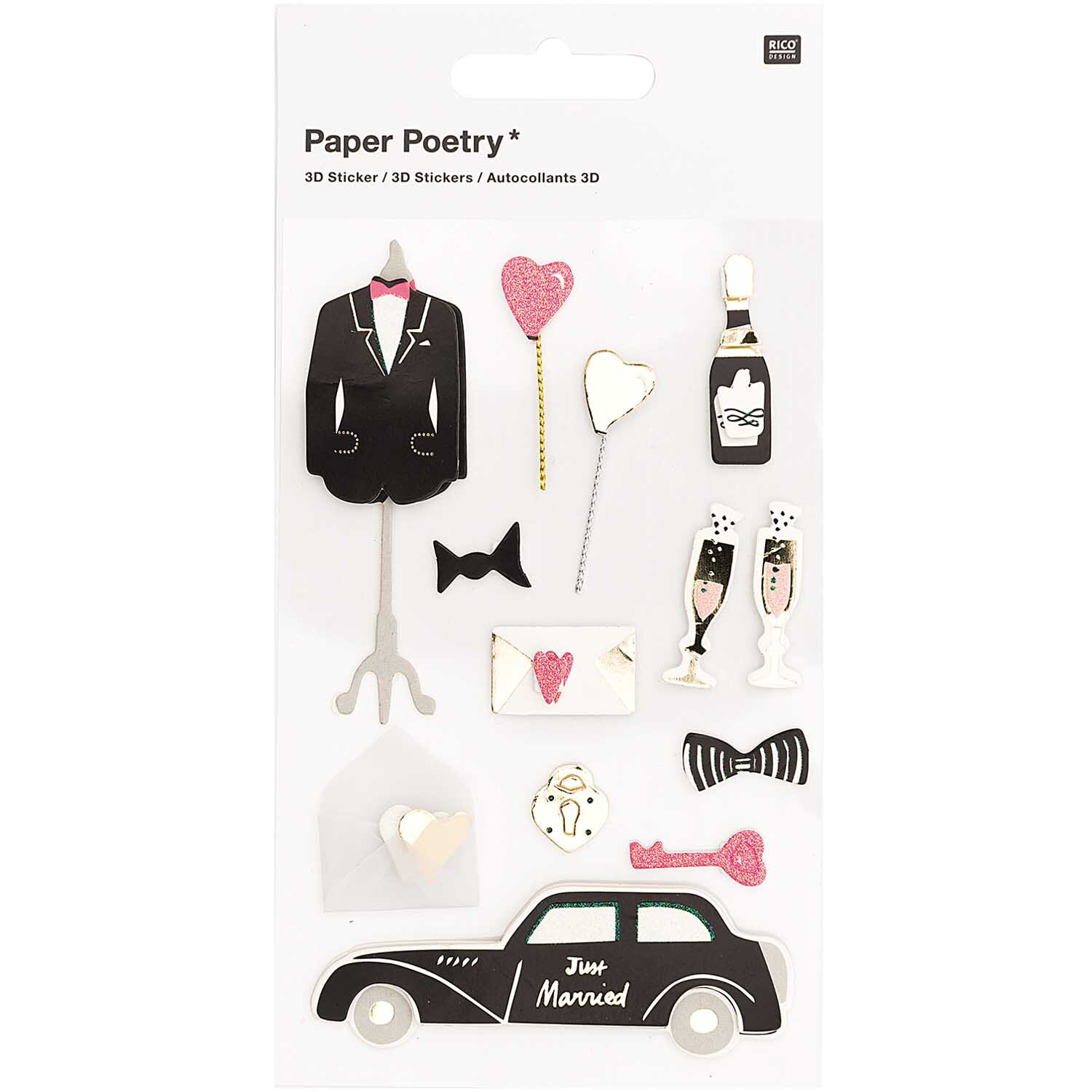 Paper Poetry 3D-Sticker Bräutigam: Mehrfarbige Sticker mit Anzug, Auto und Hochzeitssymbolen von Rico Design.