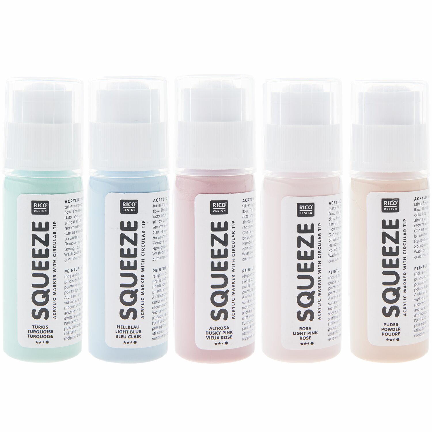 Squeeze Acrylic Marker Set Pastell, 5x60ml, von Rico Design. Fünf Flaschen in sanften Farbtönen.