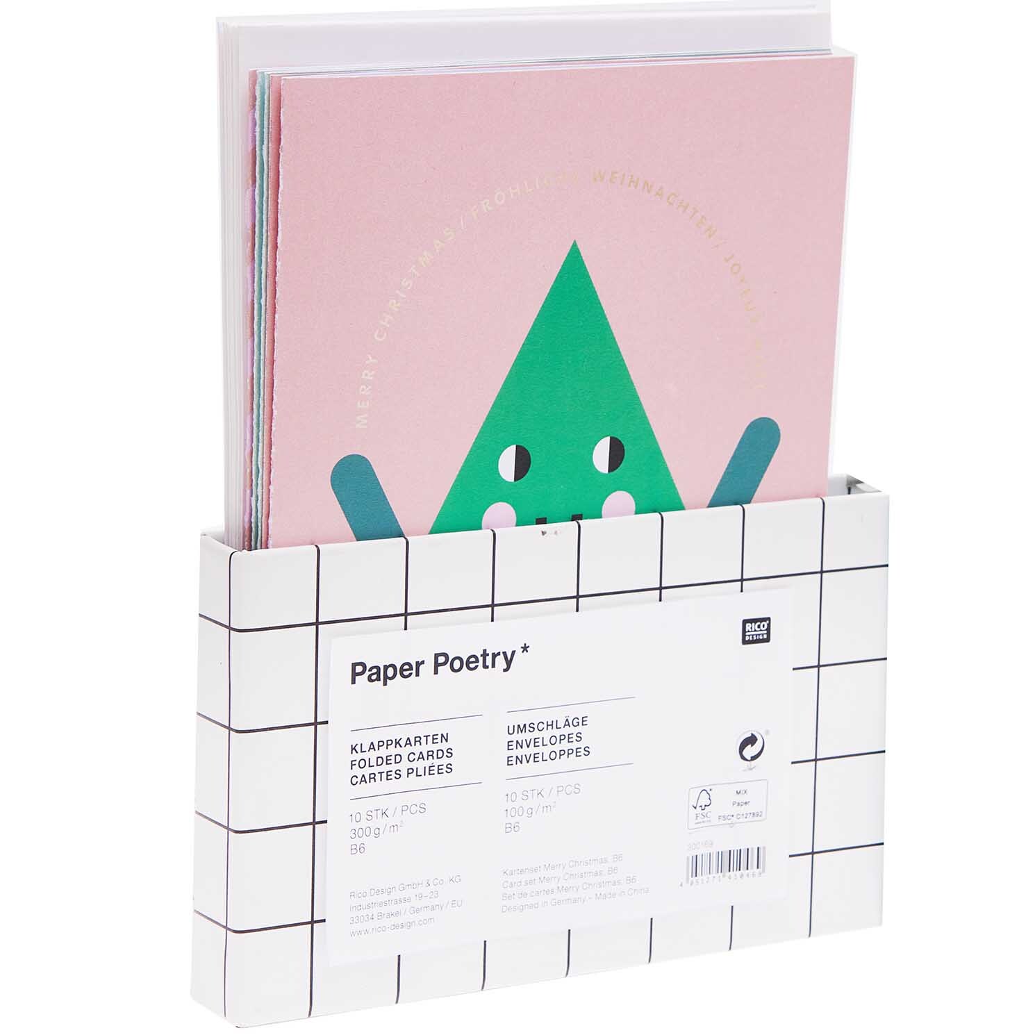 Paper Poetry Kartenset Merry Christmas B6: 20-teiliges Set mit Umschlägen, rosa und grün, von Rico Design.