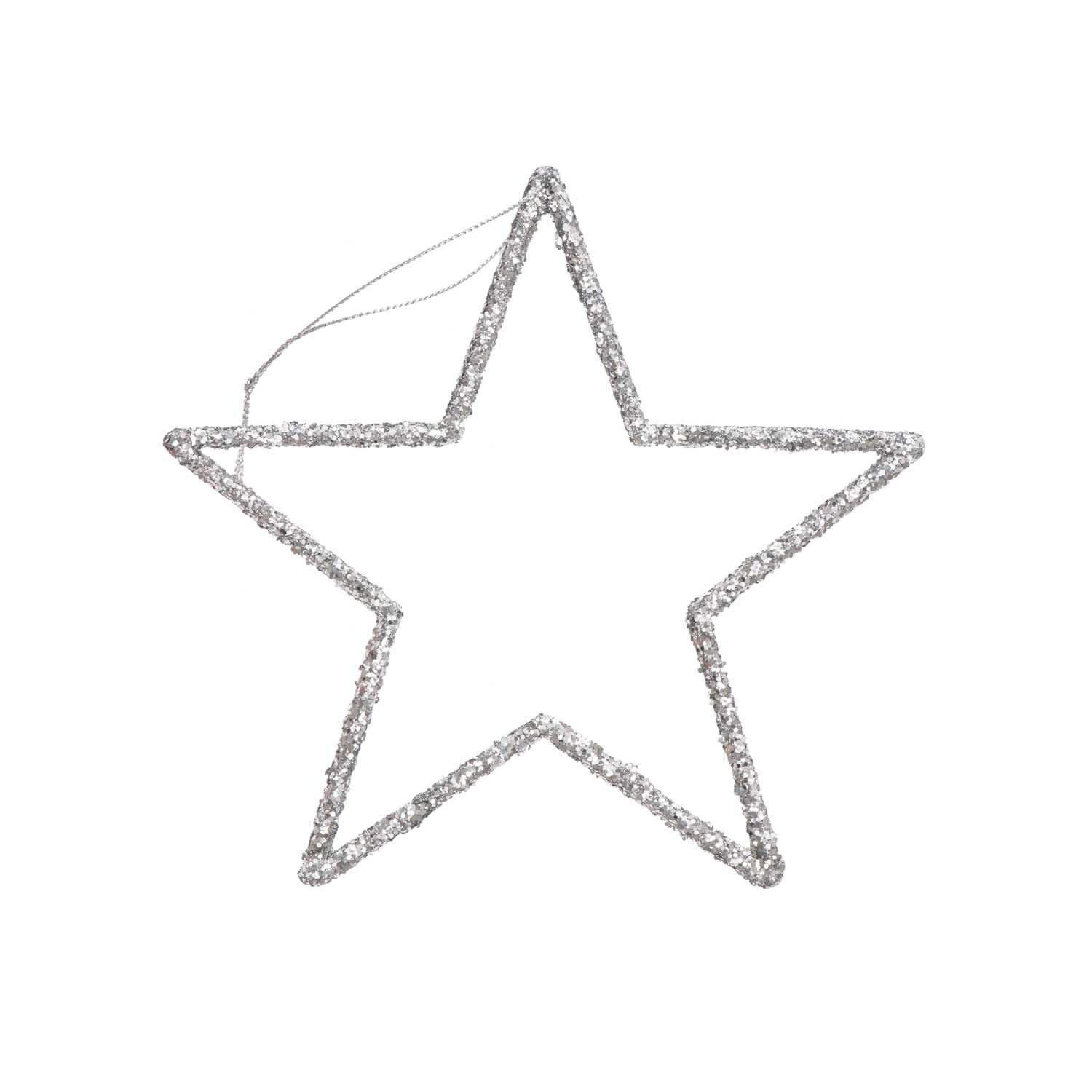 Hänger Stern mit Glitter silber von Rico Design: Ein funkelnder, silberner Sternanhänger mit Glitzer. Ideal für festliche Dekorationen.