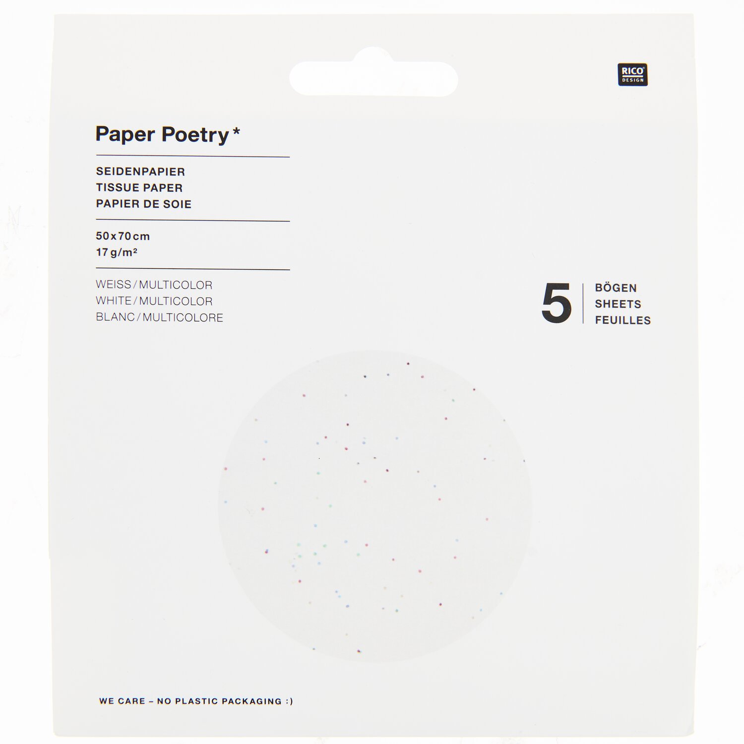 Paper Poetry Seidenpapier Punkte 50x70cm 17g/m² 5 Bogen Farbe Weiß Multi von Rico Design Paper Poetry Seidenpapier Punkte, 50x70cm, 5 Bogen, weiß mit bunten Punkten, von Rico Design.
