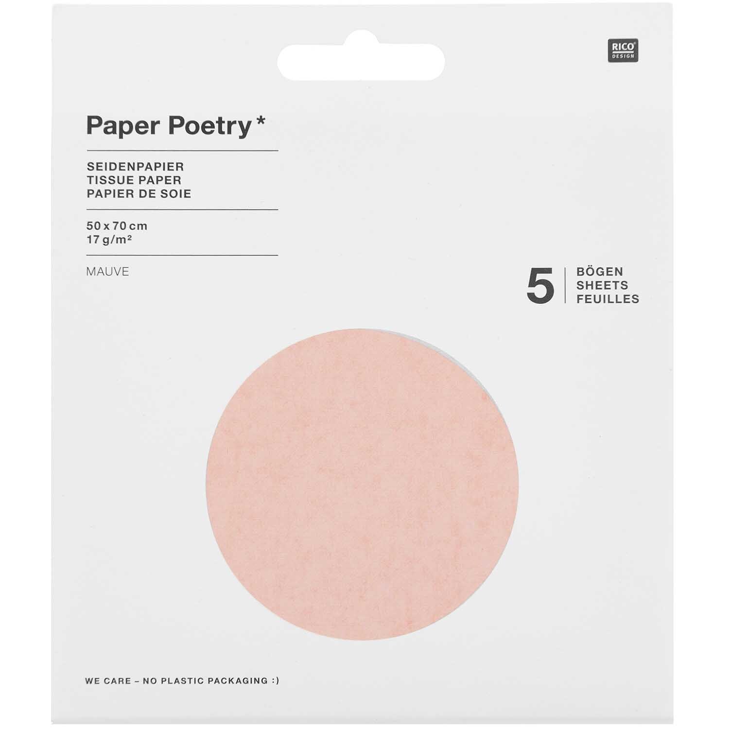 Paper Poetry Seidenpapier 50x70cm 17g/m² 5 Bogen Farbe Mauve von Rico Design Paper Poetry Seidenpapier in Mauve, 50x70cm, 17g/m², 5 Bögen von Rico Design, in Verpackung.