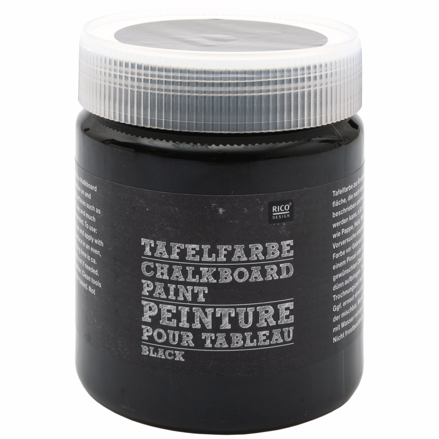 Tafelfarbe 250ml von Rico Design in einem schwarzen Behälter mit weißem Schraubdeckel.