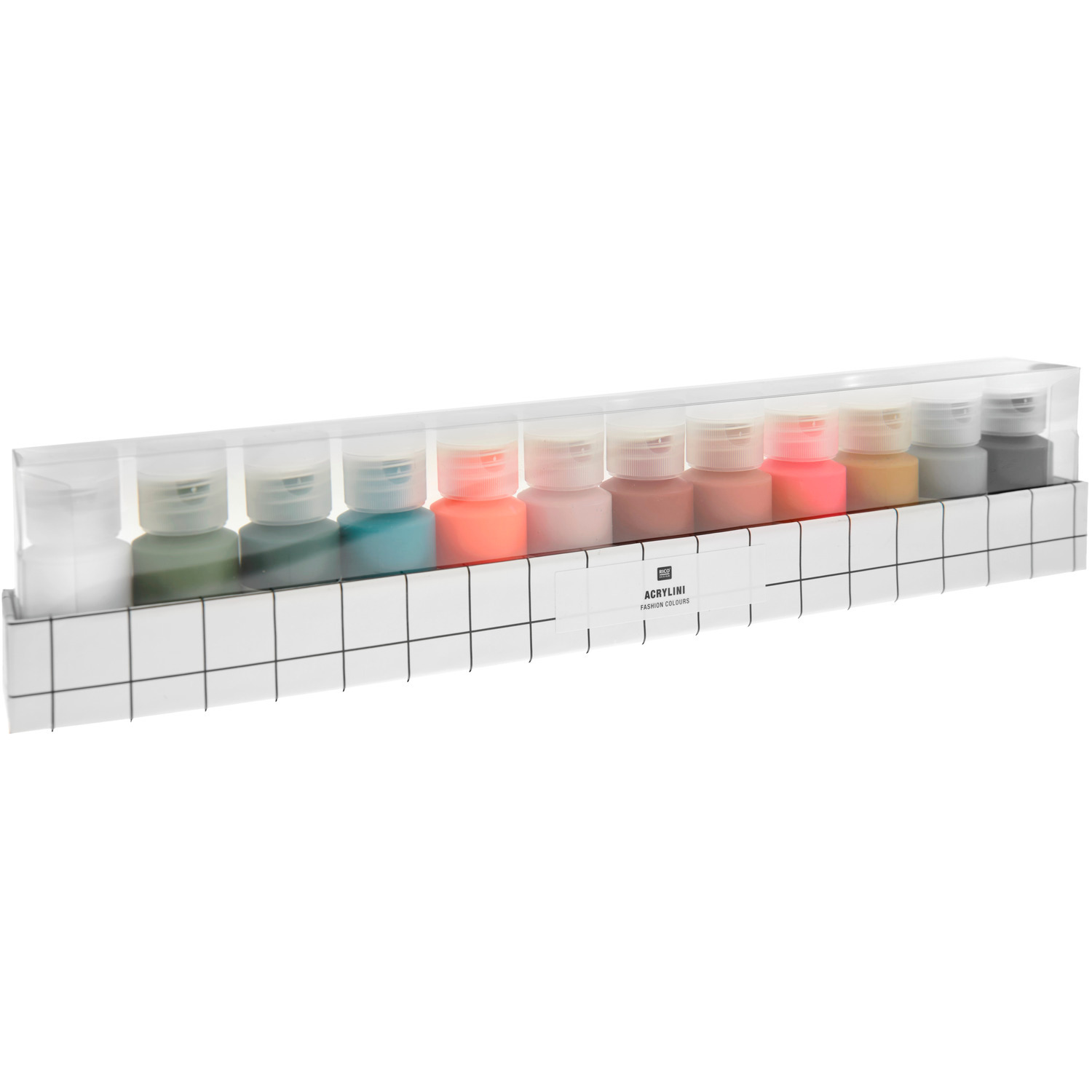 Acrylini Acrylfarben Set mit 12x22ml Flaschen in modischen Farben von Rico Design, ideal für kreative Projekte.