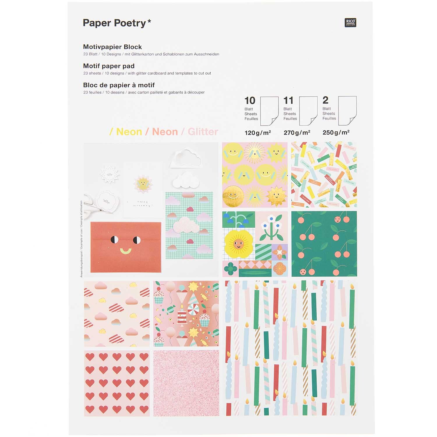 Paper Poetry Motivpapierblock Happy Birthday mit bunten, fröhlichen Designs und Neonakzenten. Ideal für kreative Projekte und Grußkarten.