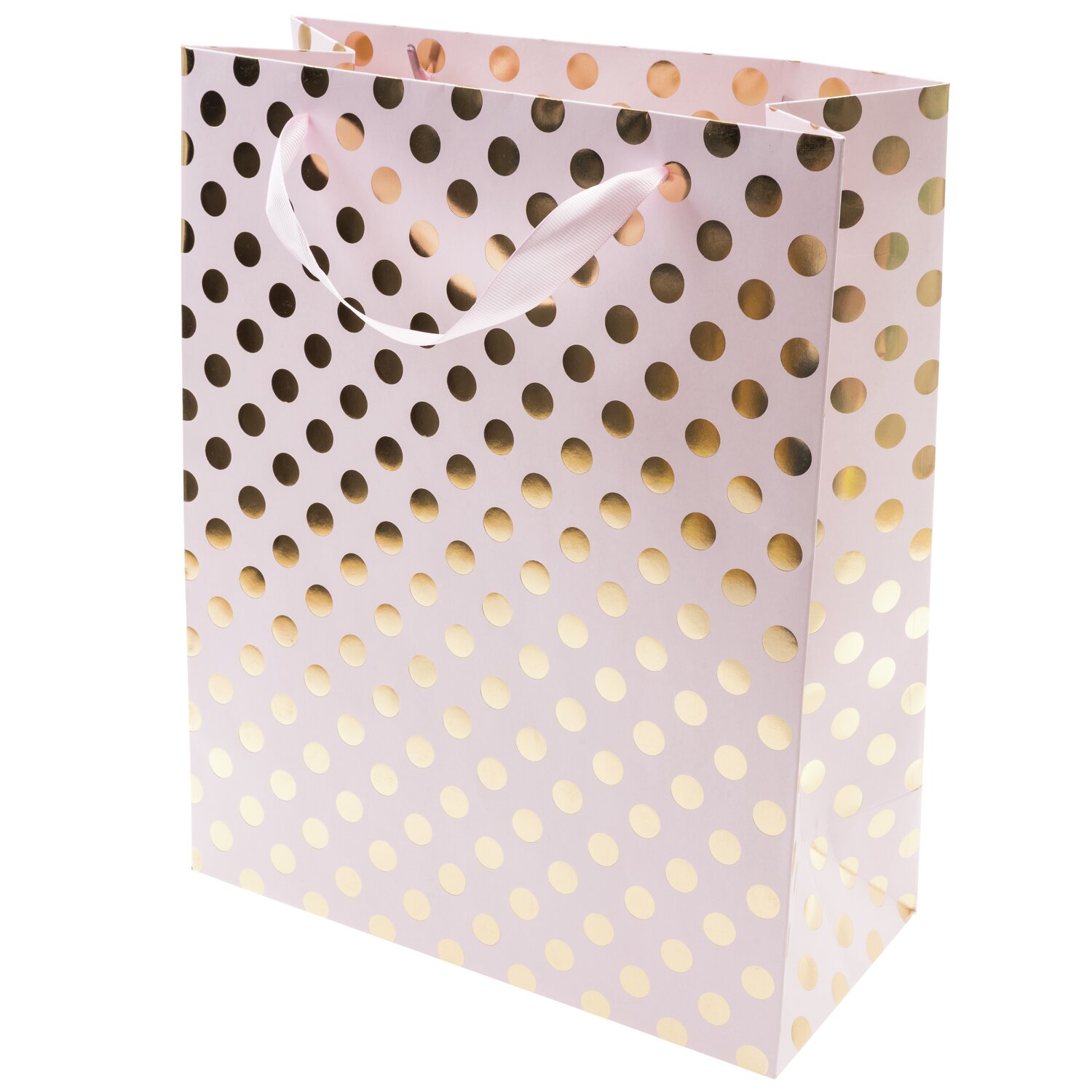 Geschenktüte rosa Punkte gold 26x32x12cm mit glänzenden goldenen Punkten von Rico Design. Ideal für stilvolle Geschenke.