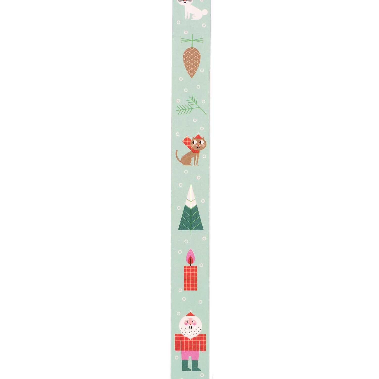 Paper Poetry Tape Weihnachtsfiguren mint 1,5cm 10m von Rico Design Paper Poetry Tape Weihnachtsfiguren zeigt festliche Motive wie Tannenbäume und Kerzen auf mintfarbenem Hintergrund.
