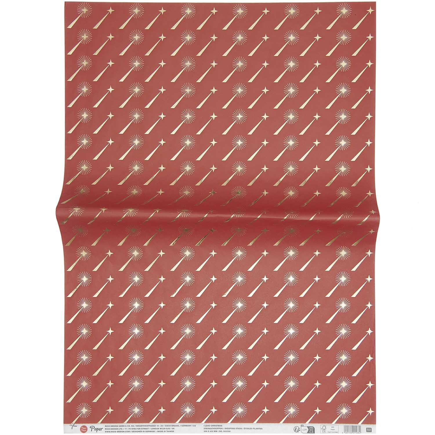 Paper Poetry Paper Patch Papier Sternschnuppen 30x42cm zeigt ein rotes Design mit goldenen Sternschnuppen von Rico Design. Ideal für kreative Projekte.