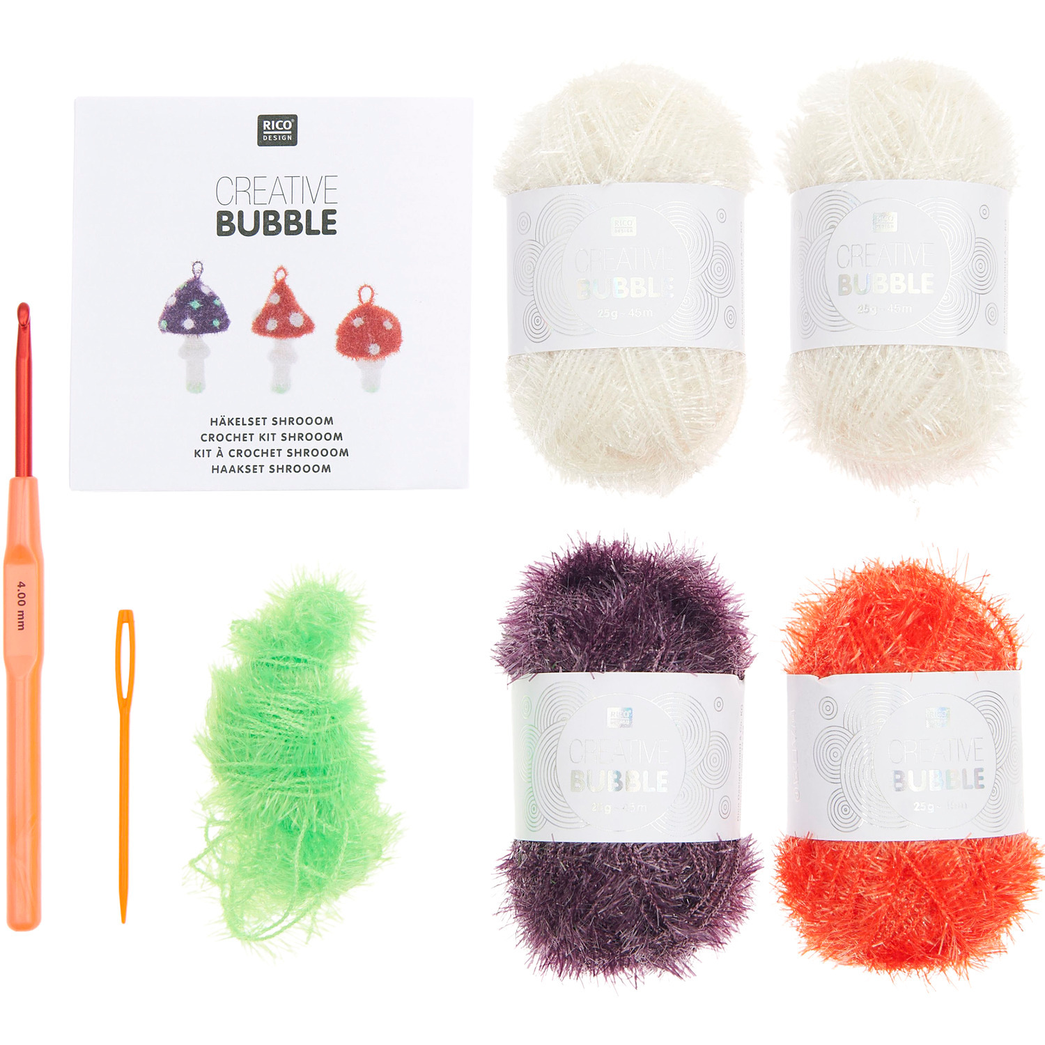 Häkelset Creative Bubble Shrooom von Rico Design Häkelset Creative Bubble Shrooom mit buntem Garn, Häkelnadel und Zubehör von Rico Design.