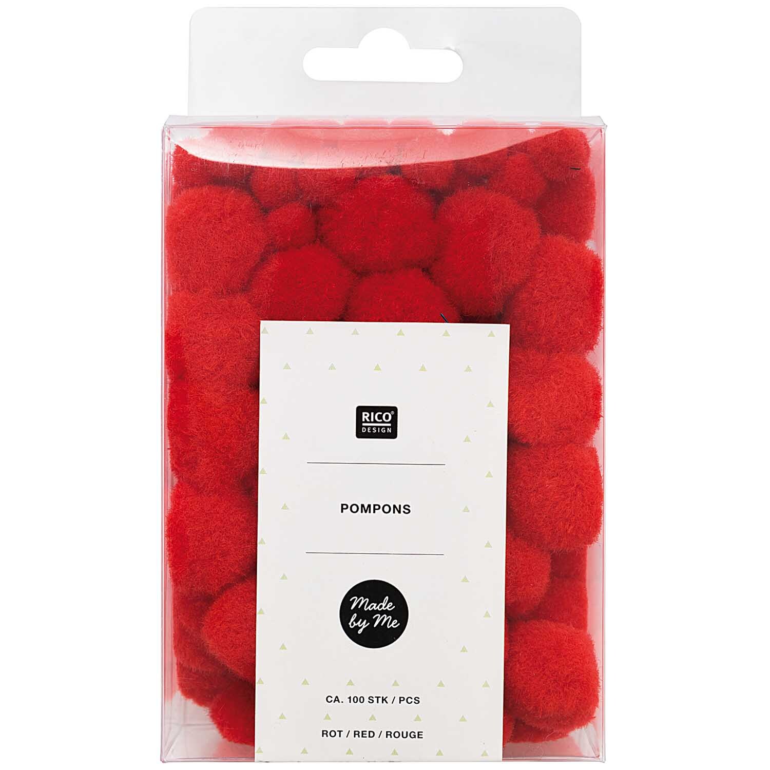 Pompons 8mm 20mm ca. 100 Stück Farbe Rot von Rico Design Pompons 8mm 20mm ca. 100 Stück von Rico Design in einer transparenten Verpackung, leuchtend rot.