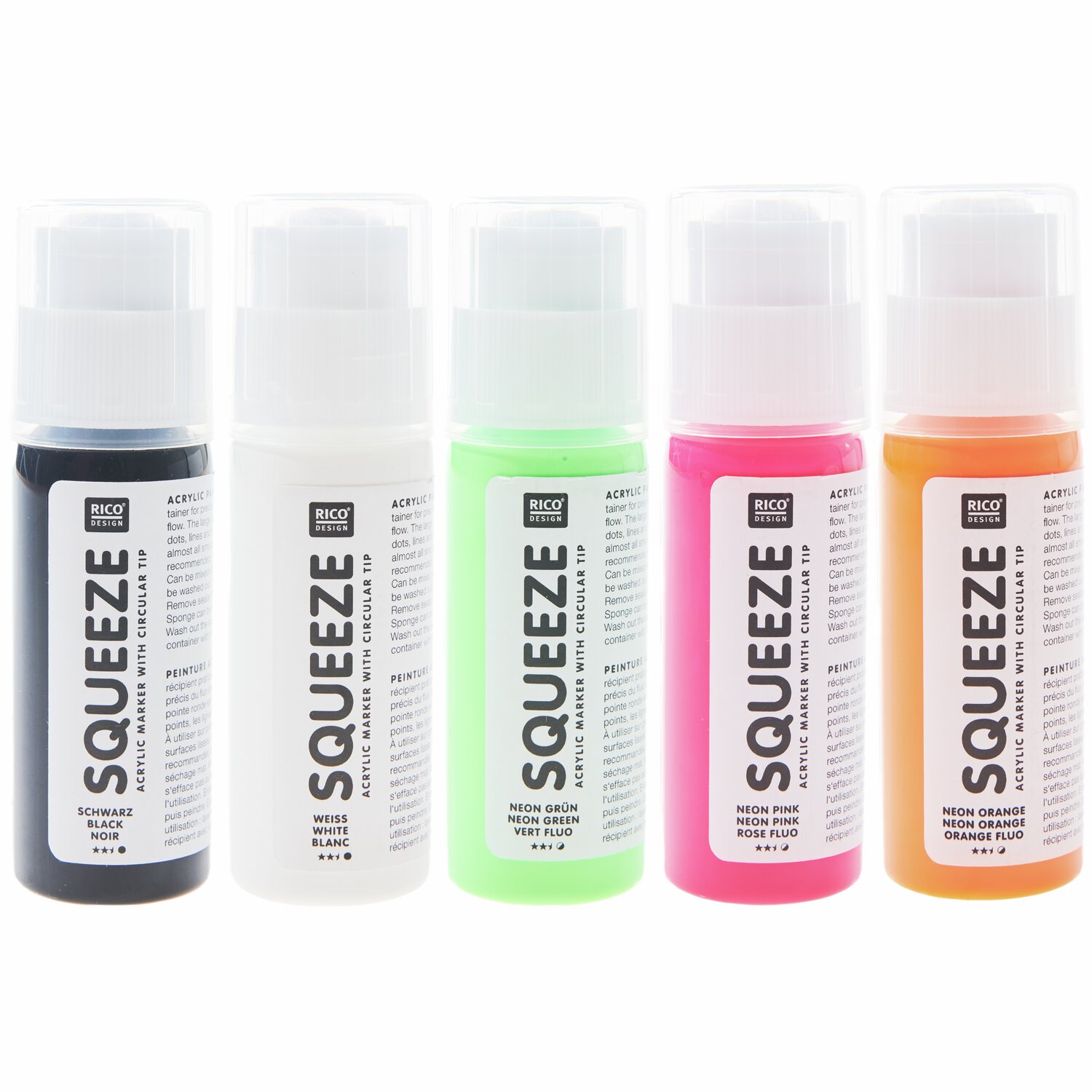 Squeeze Acrylic Marker Set Neon: Fünf leuchtende Acrylmarker von Rico Design in verschiedenen Farben, ideal für kreative Projekte.