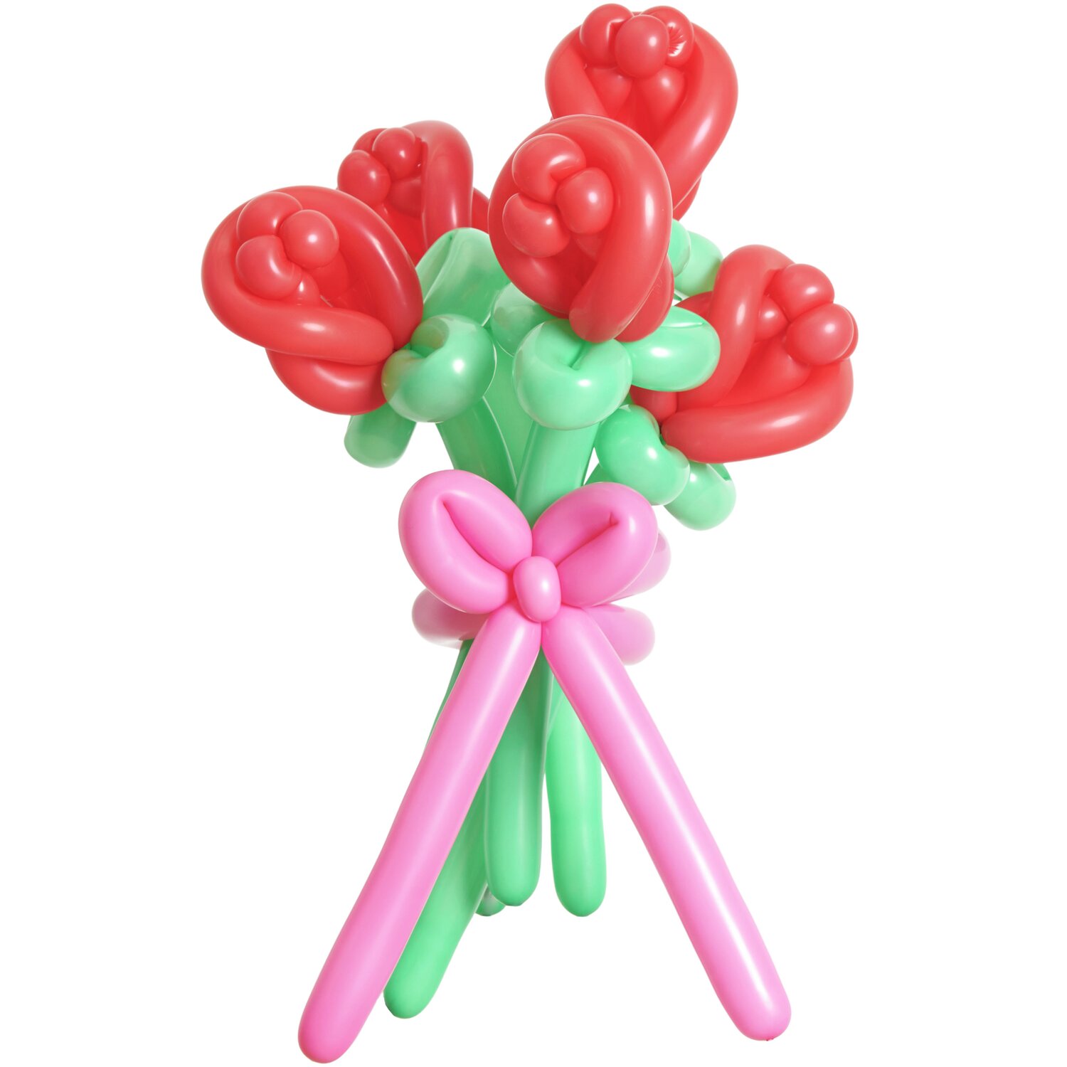 Ballonstrauß Rosen Rot: Ein bunter Strauß aus roten Rosenballons mit grünen Stielen und rosa Schleife. Ideal für Dekorationen.