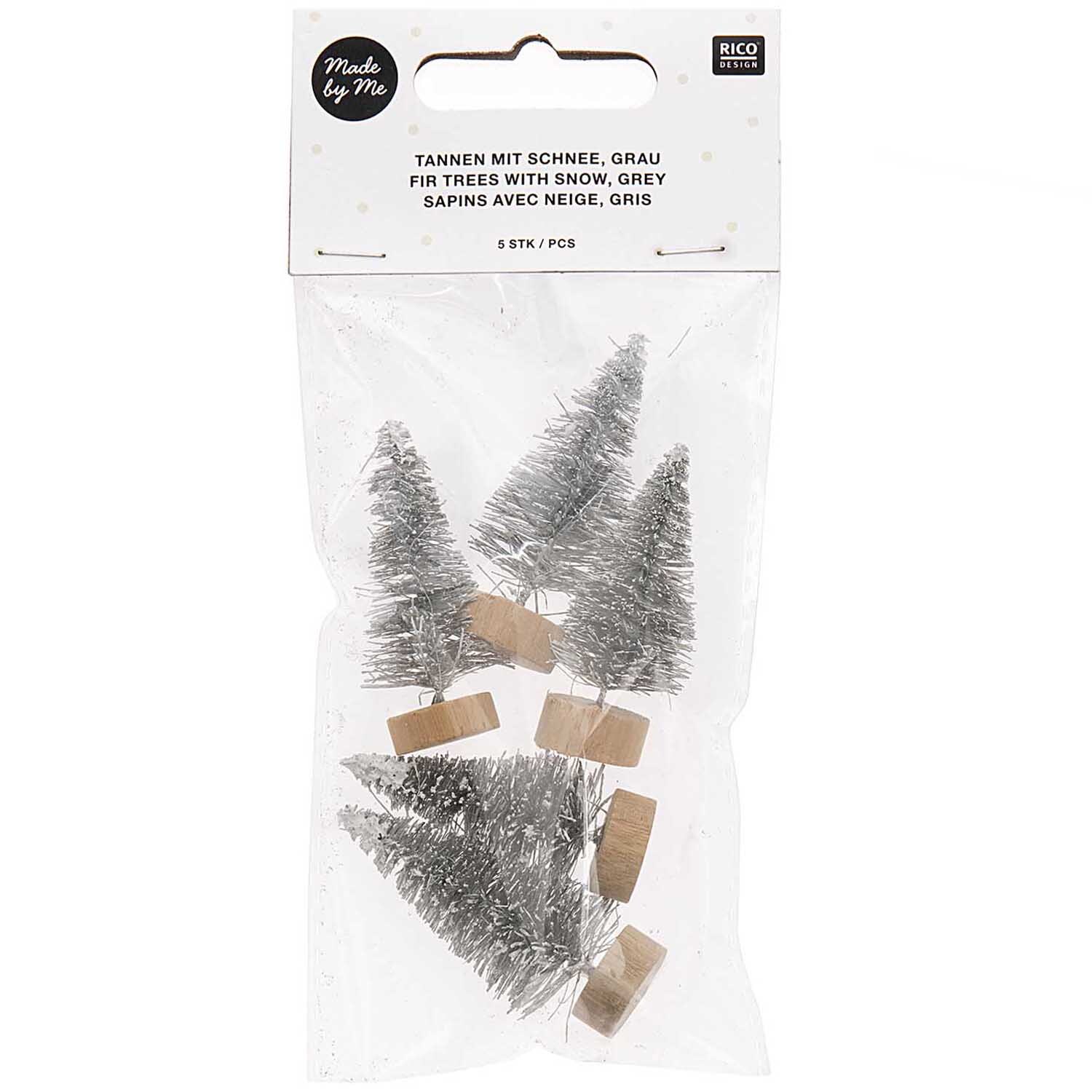 Tannen mit Schnee 5cm 5 Stück Farbe Grau von Rico Design Tannen mit Schnee 5cm 5 Stück von Rico Design: Fünf graue Miniatur-Tannenbäume mit Schnee, ideal für winterliche Dekorationen.