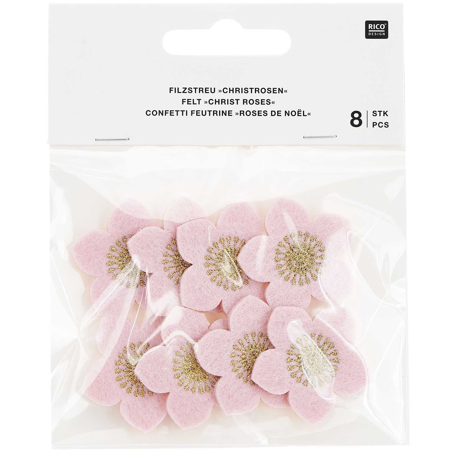 Filzstreu Christrosen bestickt 3,5x3,4cm 8 Stück Farbe Pink-Gold von Rico Design Filzstreu Christrosen, bestickt, in Pink-Gold, 8 Stück von Rico Design, in transparenter Verpackung.