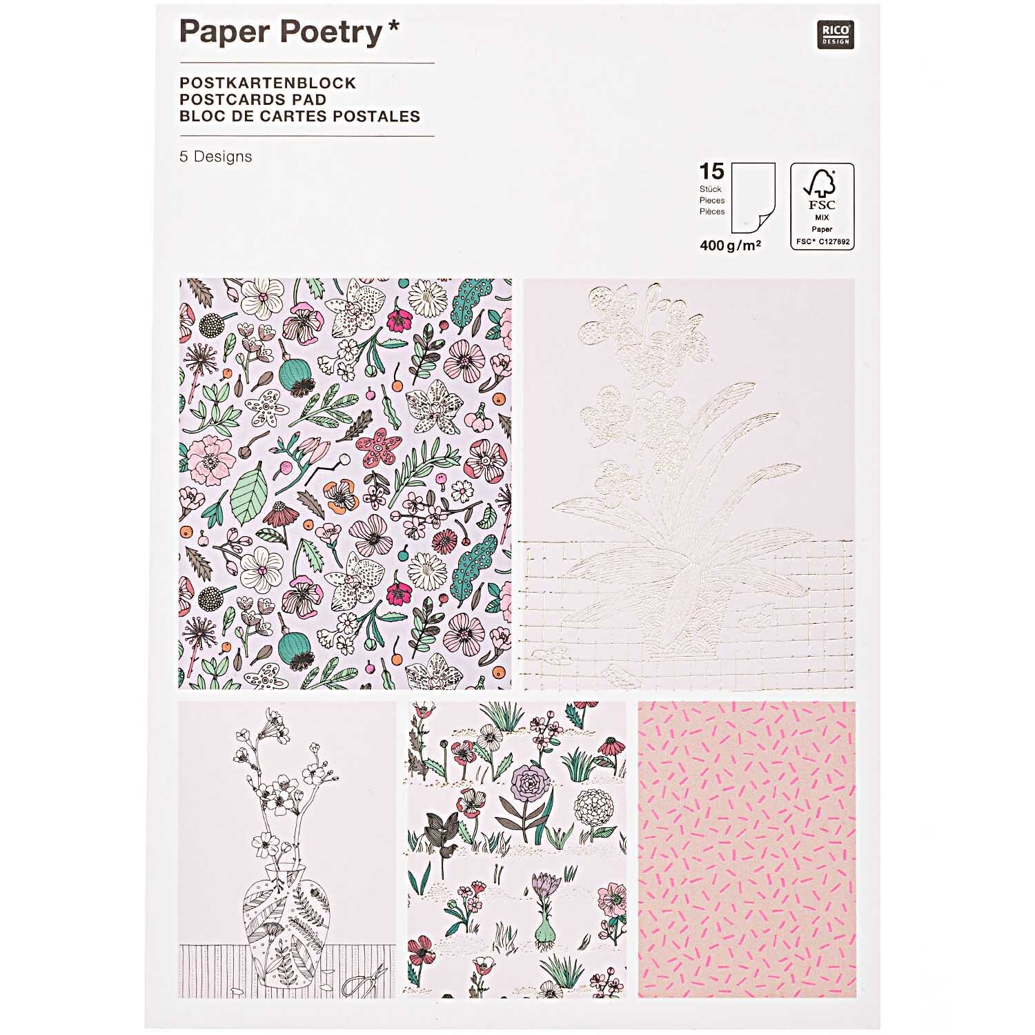 Paper Poetry Postkartenblock Hygge Flowers zeigt fünf florale Designs in einem Block von Rico Design. Ideal für kreative Projekte.