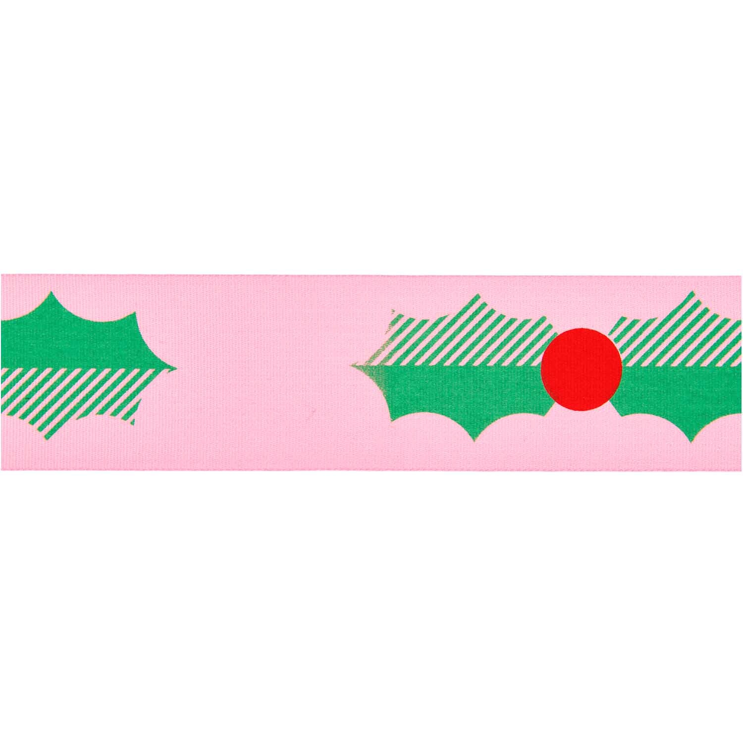 Paper Poetry Taftband Ilex mit grünem Stechpalmenmuster und roten Beeren auf rosa Hintergrund.
