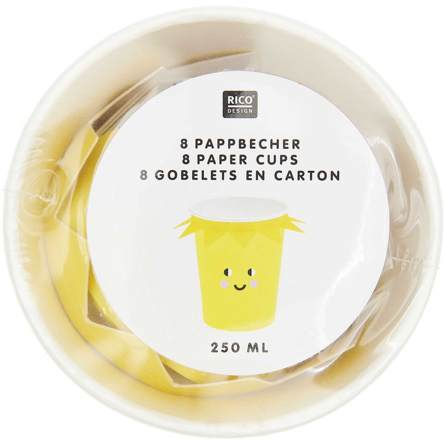 Gobelet en carton soleil 250ml 8 pièces from Rico Design Pappbecher Sonne 250ml 8 Stück von Rico Design in Gelb, mit fröhlichem Gesichtsmotiv, ideal für Partys.