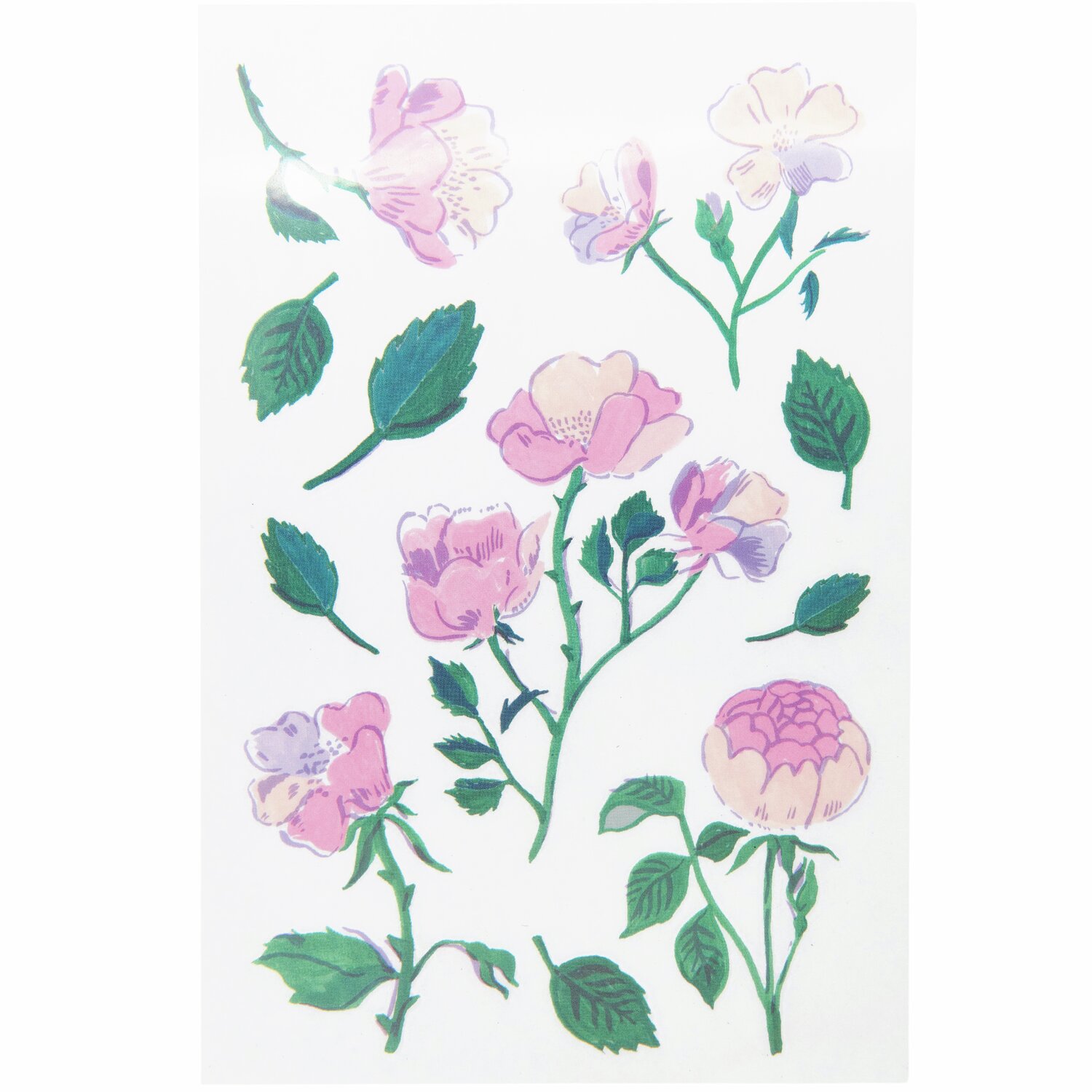 Transfermotiv Rosen: Buntes Blatt mit verschiedenen Rosenmotiven und grünen Blättern. Ideal für kreative Projekte.