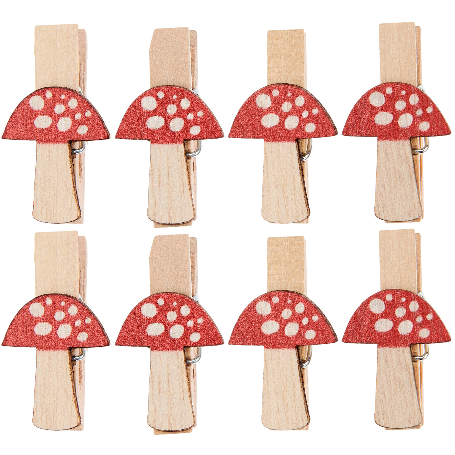 Holzclips Fliegenpilz: Acht naturrote Clips von Rico Design, 20x35mm, ideal für kreative Dekorationen.