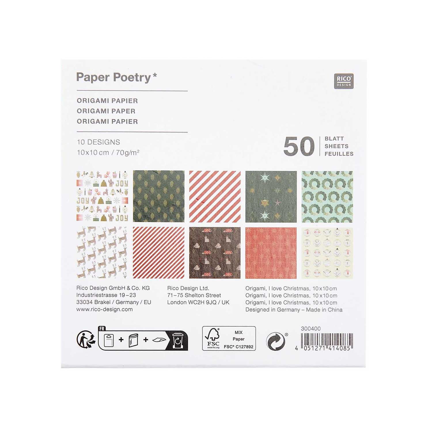 Paper Poetry Origami I love Christmas 50 Blatt Größe 10x10cm von Rico Design Paper Poetry Origami I love Christmas 50 Blatt von Rico Design zeigt 10 bunte Origami-Papierdesigns. Ideal für kreative Weihnachtsprojekte.