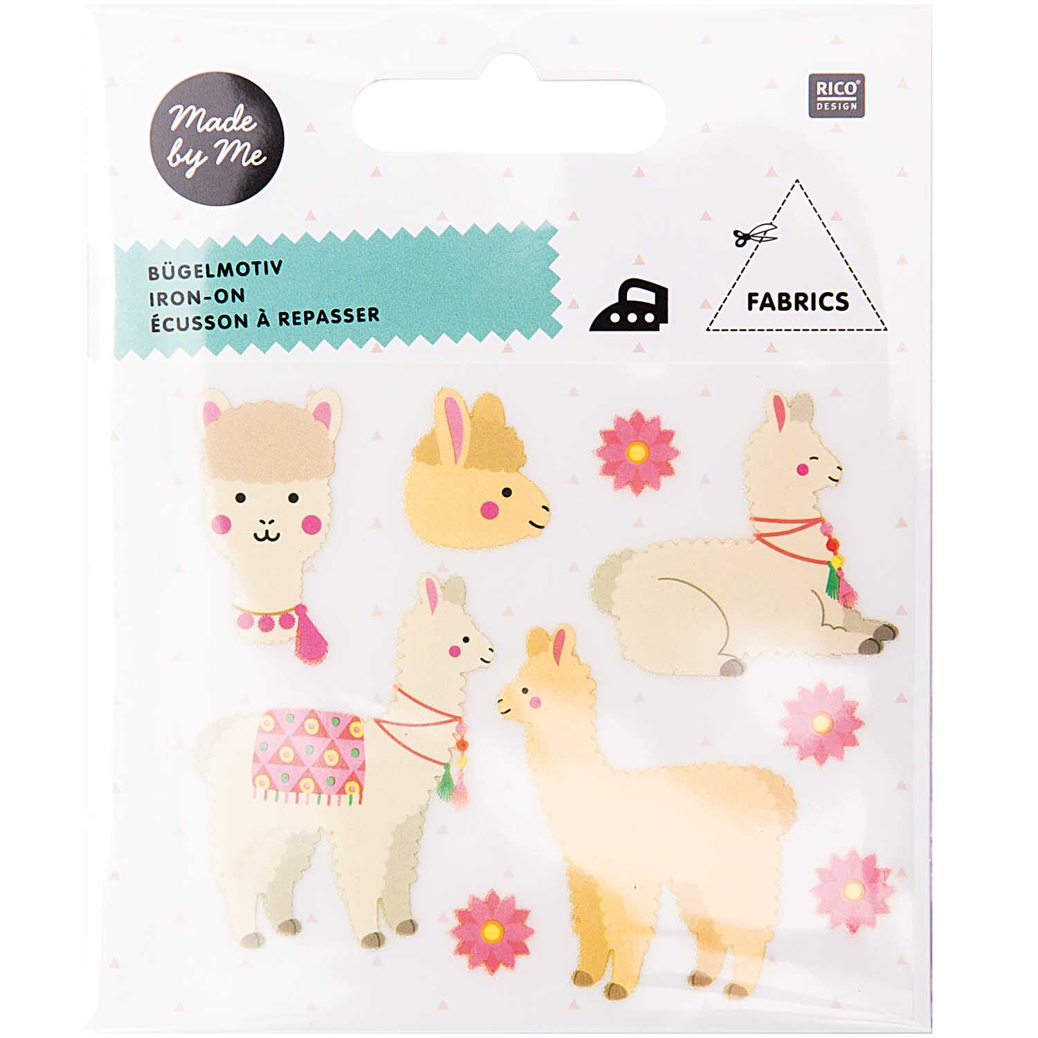 Bügelmotive Alpaca 9 Stück: Mehrfarbige Alpaka-Aufbügelbilder von Rico Design, ideal für kreative Textilgestaltung.