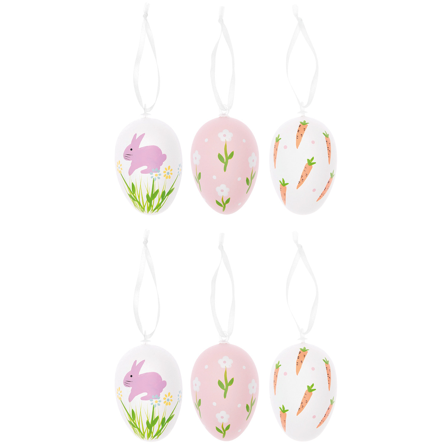 Deko-Eier Set Weiß/Rosa mit Hasen- und Karottenmotiven, Ø 4x10cm, 6 Stück, von Rico Design.