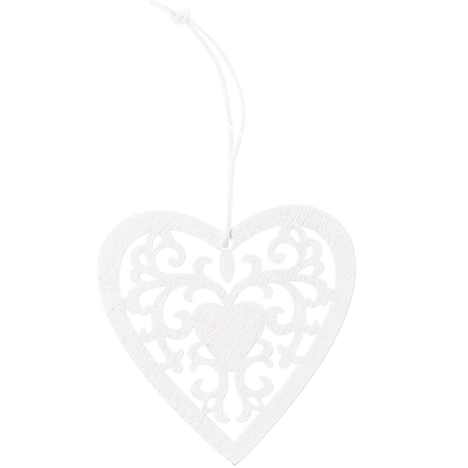 Holzanhänger Ornament Weiß: Herzförmiger, filigraner Anhänger von Rico Design, ideal für Dekorationen.
