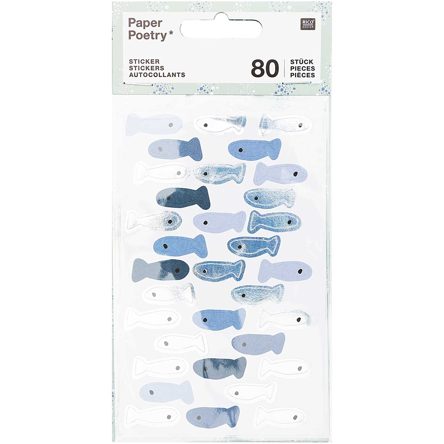 Paper Poetry Sticker Fische 80 Stück zeigt bunte Fischsticker von Rico Design auf weißem Hintergrund.