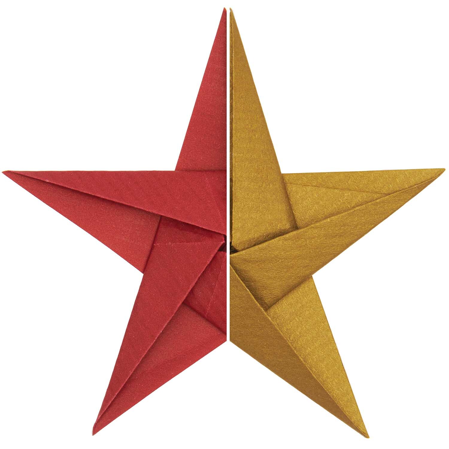 Paper Poetry Bascetta Origamipapier zeigt einen kunstvoll gefalteten Stern in Rot und Gold. Ideal für kreative Projekte.