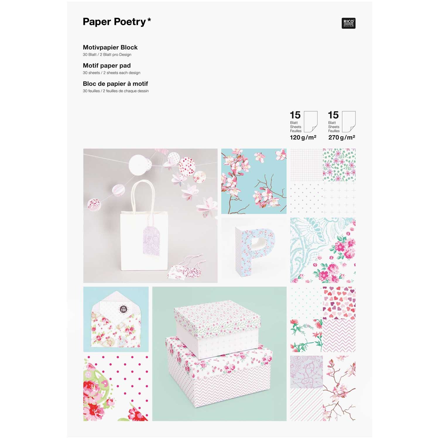 Paper Poetry Motivpapier Block Floral zeigt bunte florale Designs auf Geschenkboxen und Karten. Ideal für kreative Bastelprojekte.