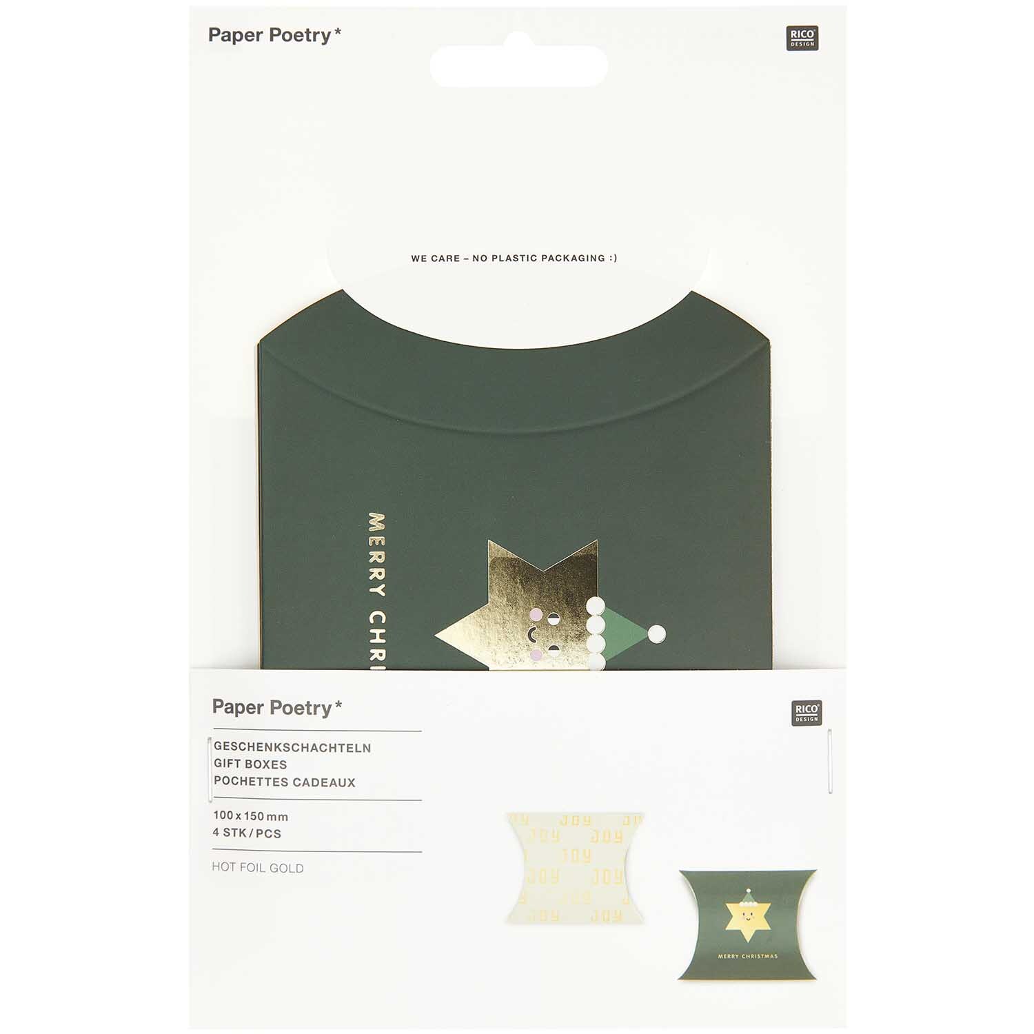 Paper Poetry Geschenkschachteln zeigen eine festliche, dunkelgrüne Verpackung mit goldenen Akzenten und einem Weihnachtsmotiv. Ideal für Geschenke.