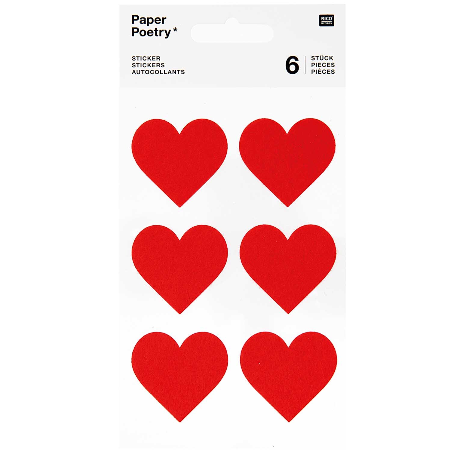 Paper Poetry Filzsticker Herzen groß 1 Blatt Farbe Rot von Rico Design Paper Poetry Filzsticker Herzen groß: Sechs rote Herzsticker von Rico Design auf weißem Hintergrund.