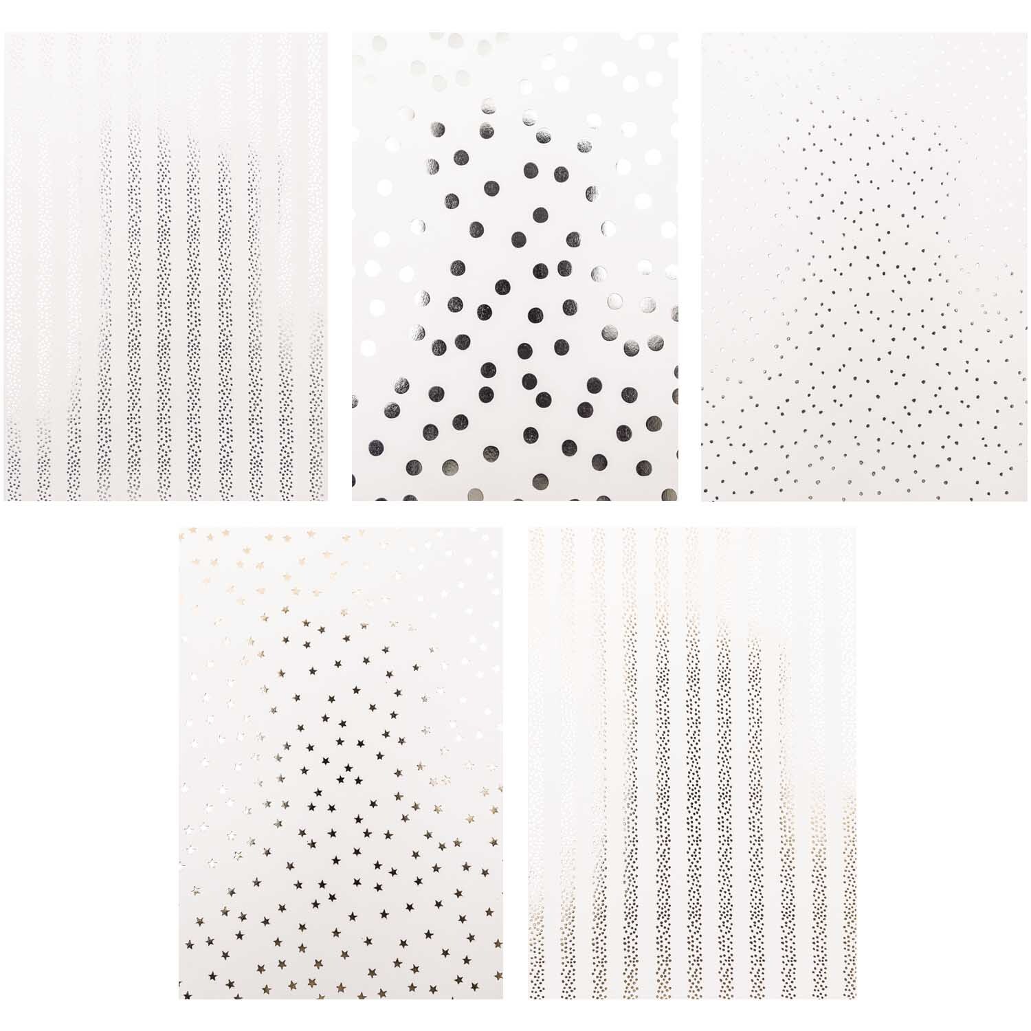 Paper Poetry Motivpapier Block Punkte 270g/m² 20 Blatt Hot Foil von Rico Design Paper Poetry Motivpapier Block zeigt fünf Blätter mit verschiedenen Punktmustern in Schwarz-Weiß. Ideal für kreative Bastelprojekte.