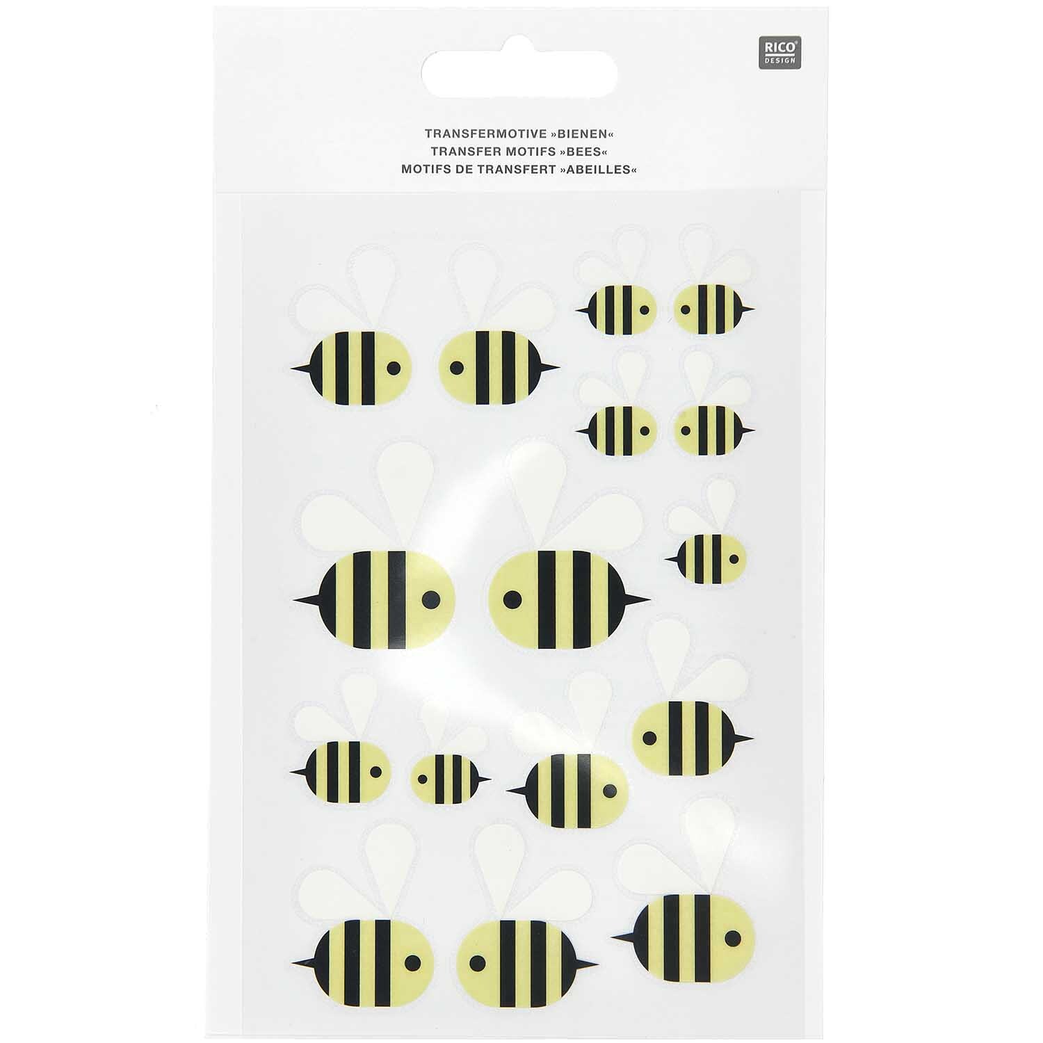 Transfermotiv Biene: 15 gelb-schwarze Bienenmotive von Rico Design auf einem weißen Hintergrund.