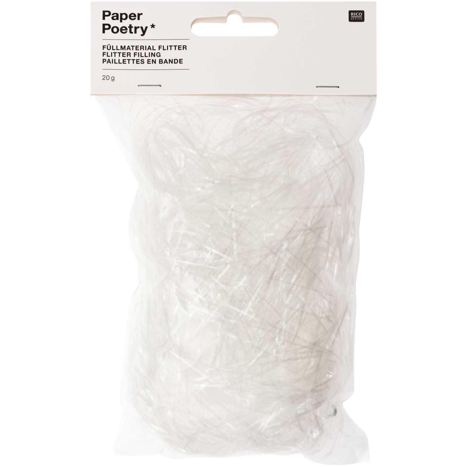 Paper Poetry Füllmaterial Flitter 20g Farbe Weiß von Rico Design Paper Poetry Füllmaterial Flitter 20g in transparentem Beutel, ideal für Dekorationen und Geschenke. Von Rico Design.