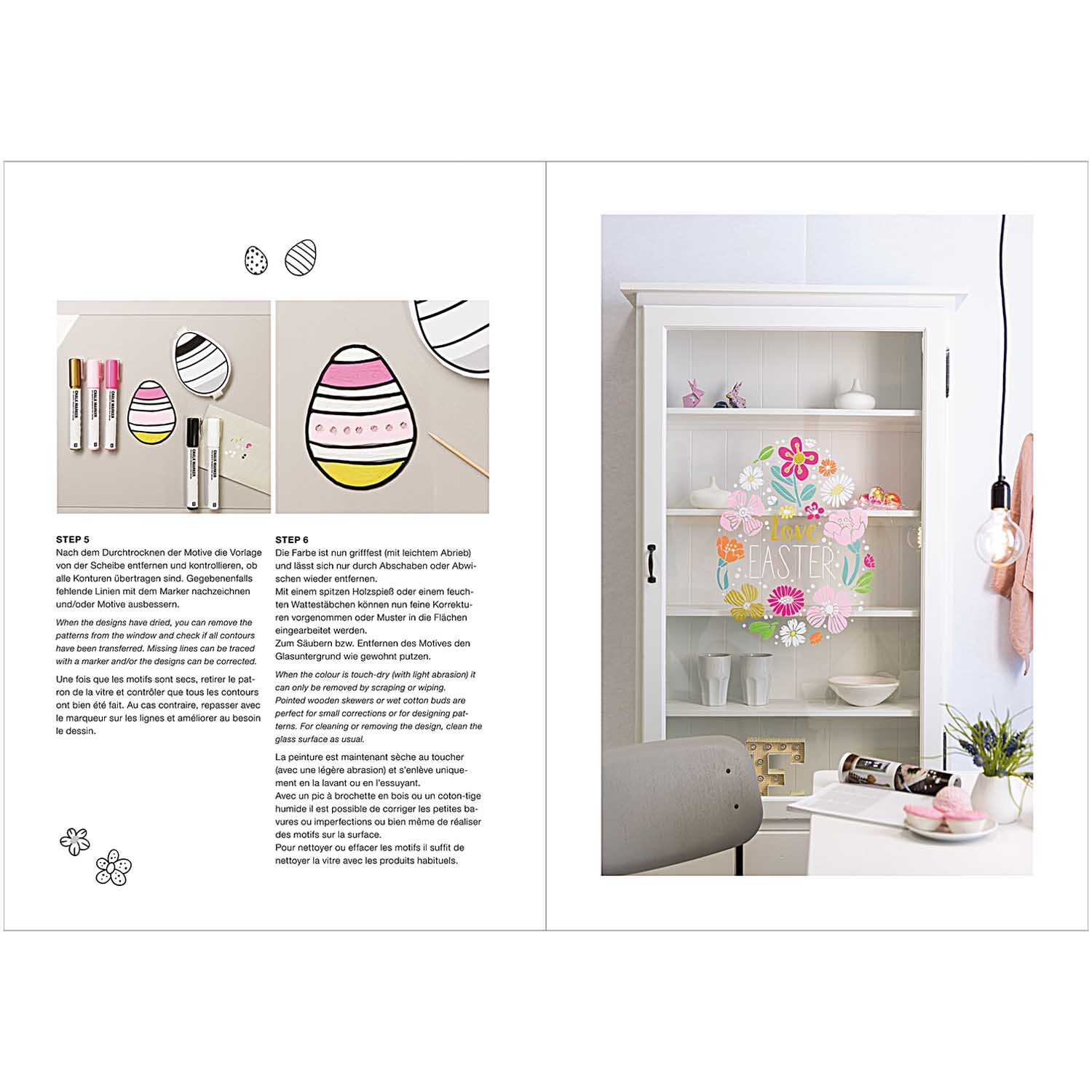 Vorlagenmappe Ostern Fenster- und Glasmalerei mit Kreidestiften von Rico Design Vorlagenmappe Ostern Fenster- und Glasmalerei zeigt bunte Ostereier und Kreidestifte von Rico Design auf einem weißen Schrank.