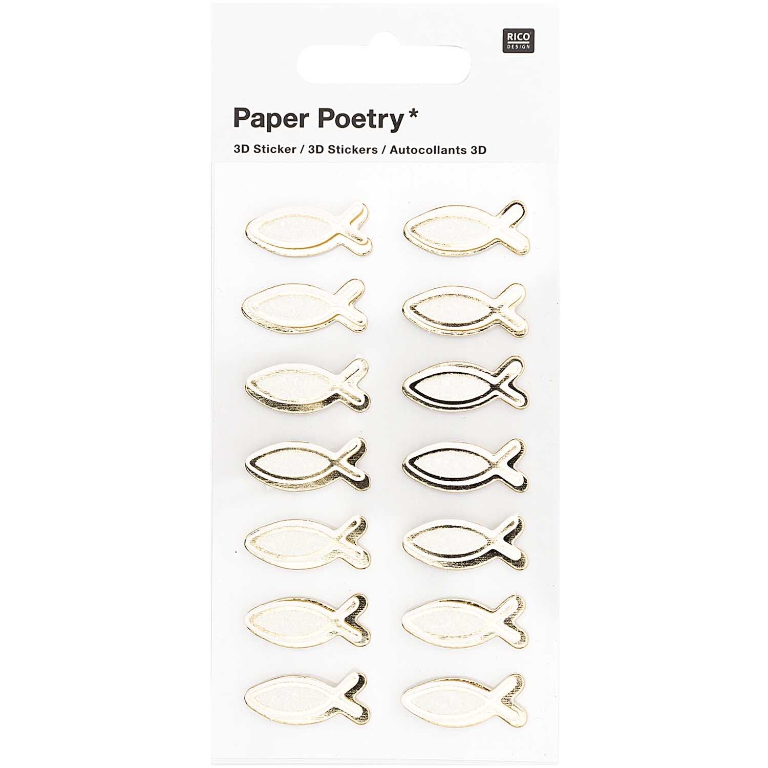 Paper Poetry 3D-Sticker Fische klein, 14 Stück, von Rico Design. Zeigt goldene Fisch-Sticker in verschiedenen Designs auf weißem Hintergrund.