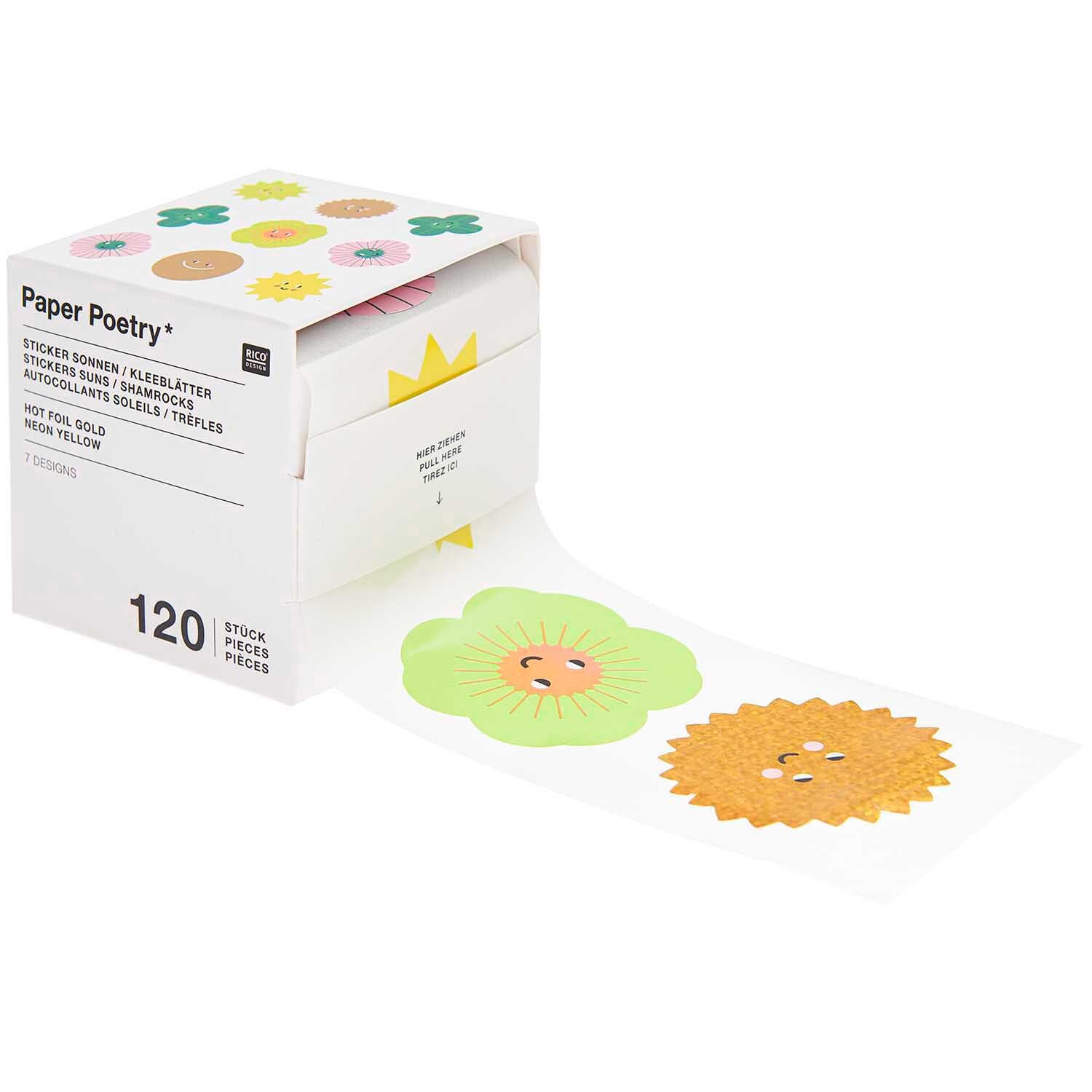 Paper Poetry Sticker Sonnen & Kleeblätter auf Rolle, bunte Designs von Rico Design, 120 Stück.