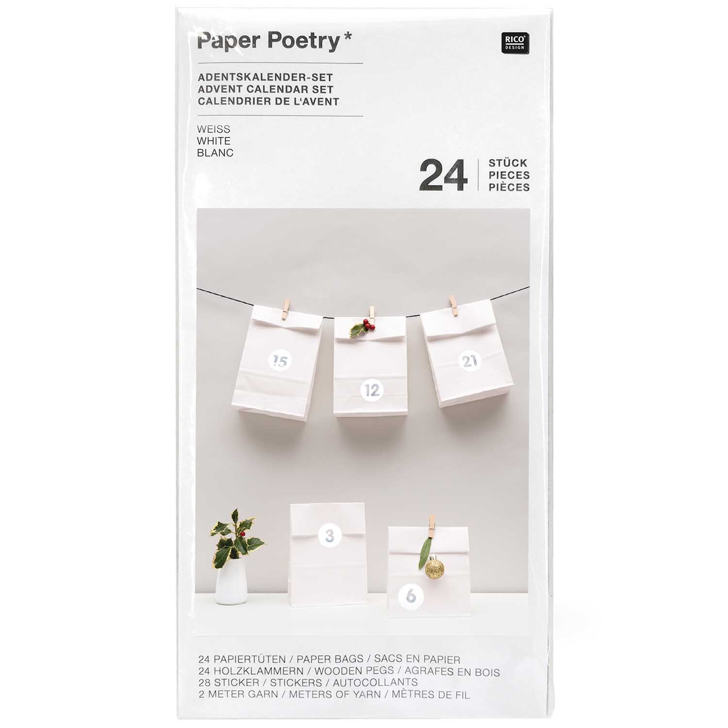 Paper Poetry Adventskalenderset weiß 24 Tüten inkl. Zubehör von Rico Design