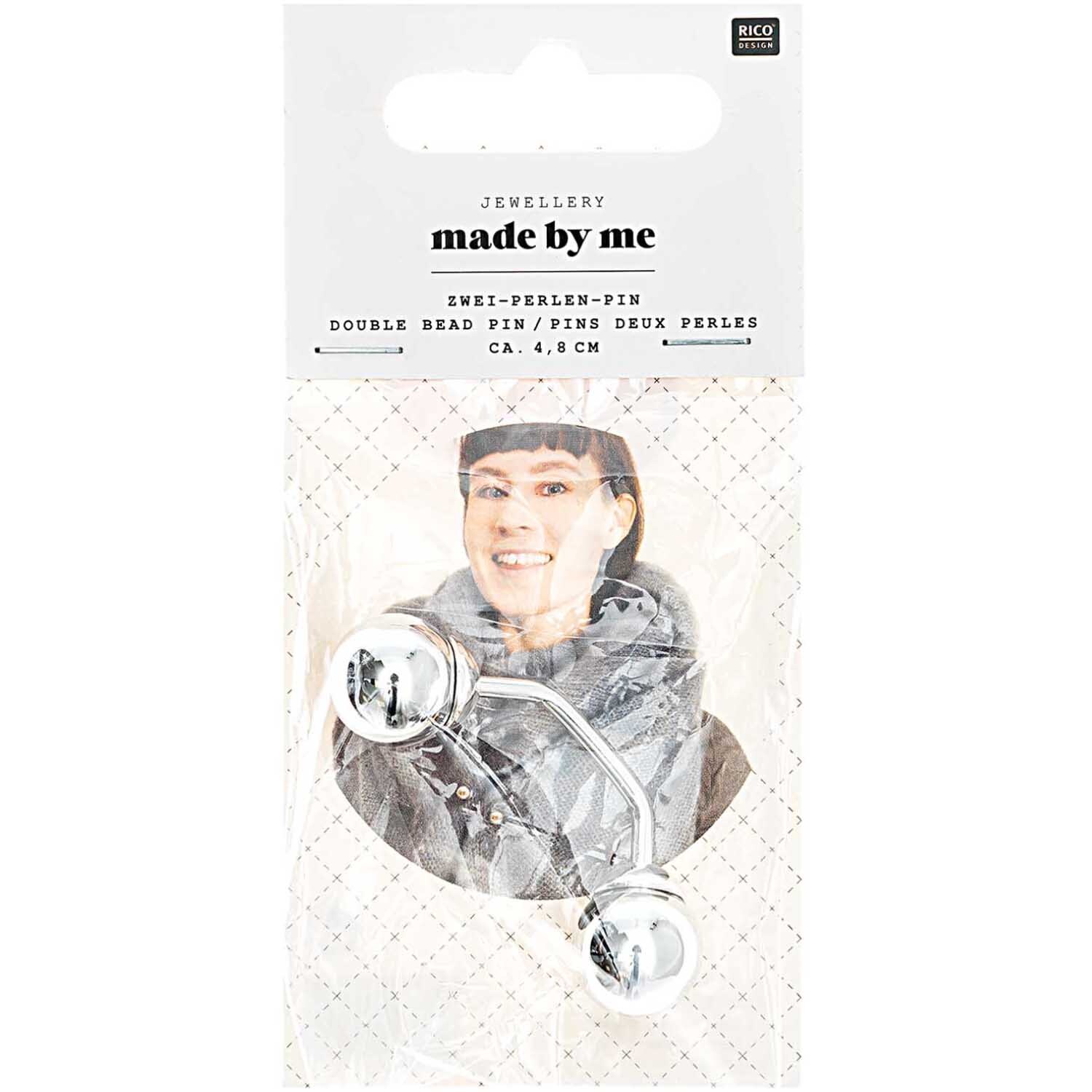 Zwei-Perlen-Pin 48mm 1 Stück Farbe Silber von Rico Design Zwei-Perlen-Pin 48mm von Rico Design in Silber, präsentiert in einer transparenten Verpackung.