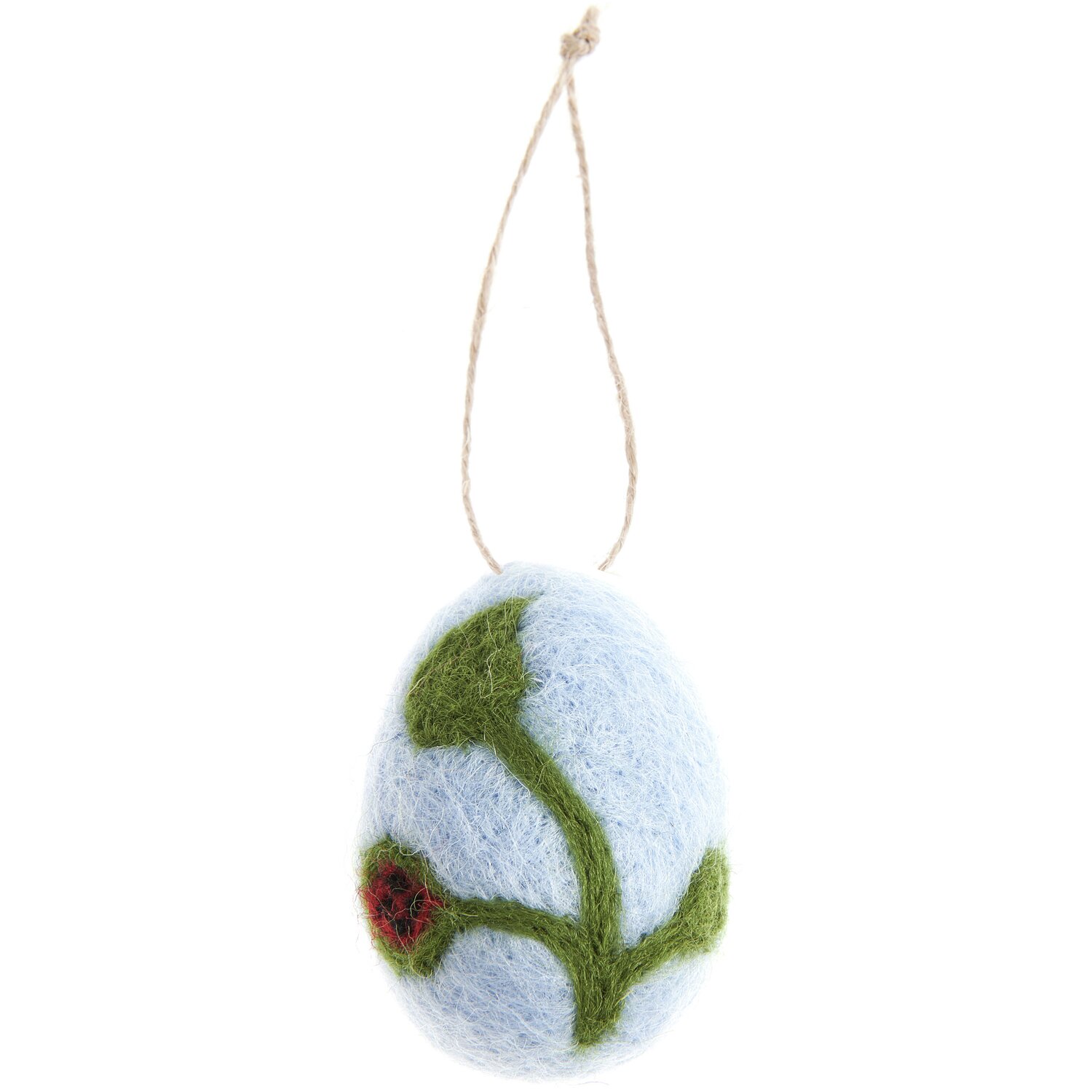 Aufhänger Filz-Ei Marienkäfer Blau von Rico Design: Blaues Filz-Ei mit grünem Blattmotiv und Marienkäfer, Ø4,5x6cm, an Schnur hängend.