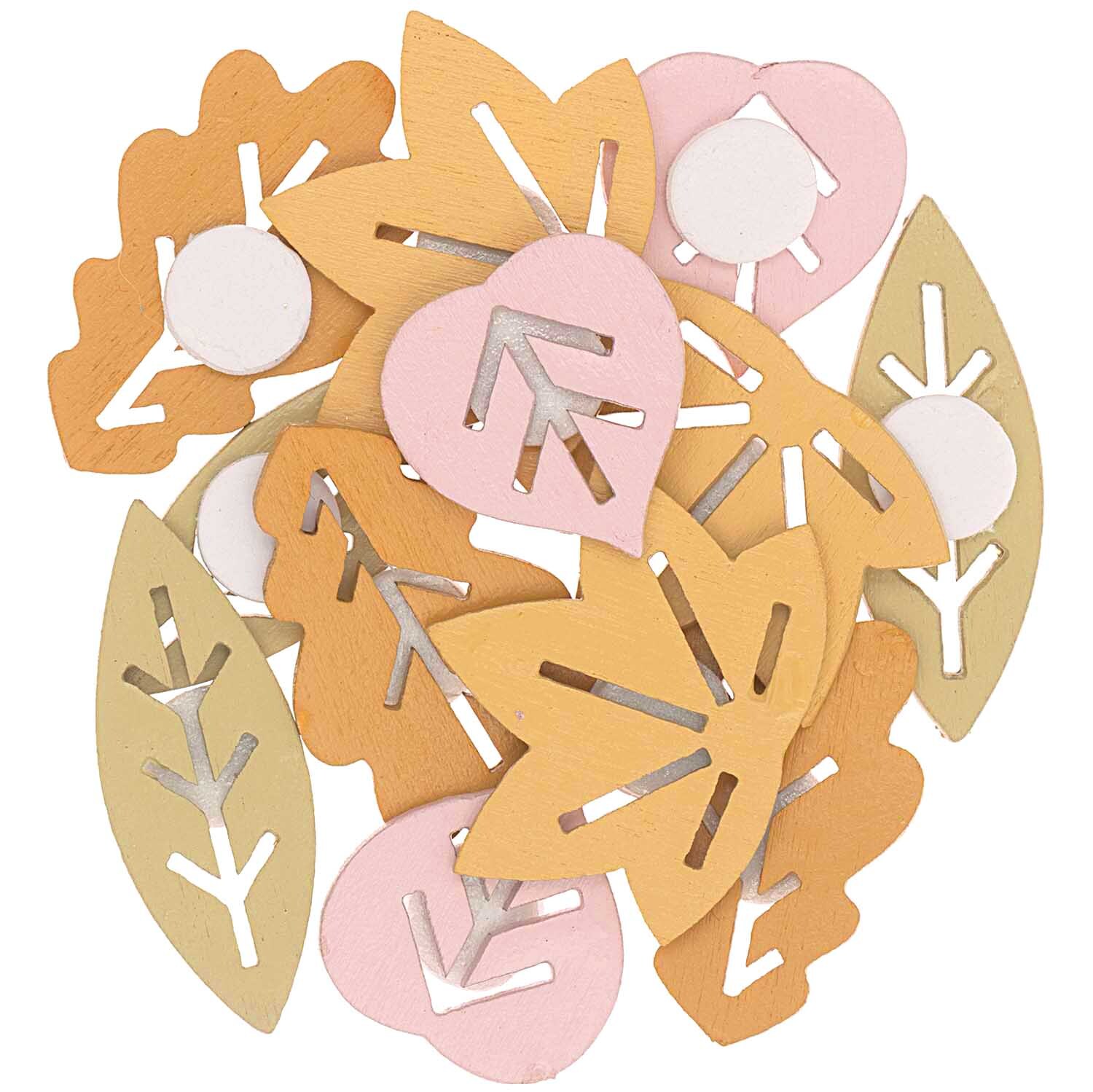 Holzsticker Blätter Mix bunt 12 Stück von Rico Design: Verschiedene Blattformen in Pastelltönen.