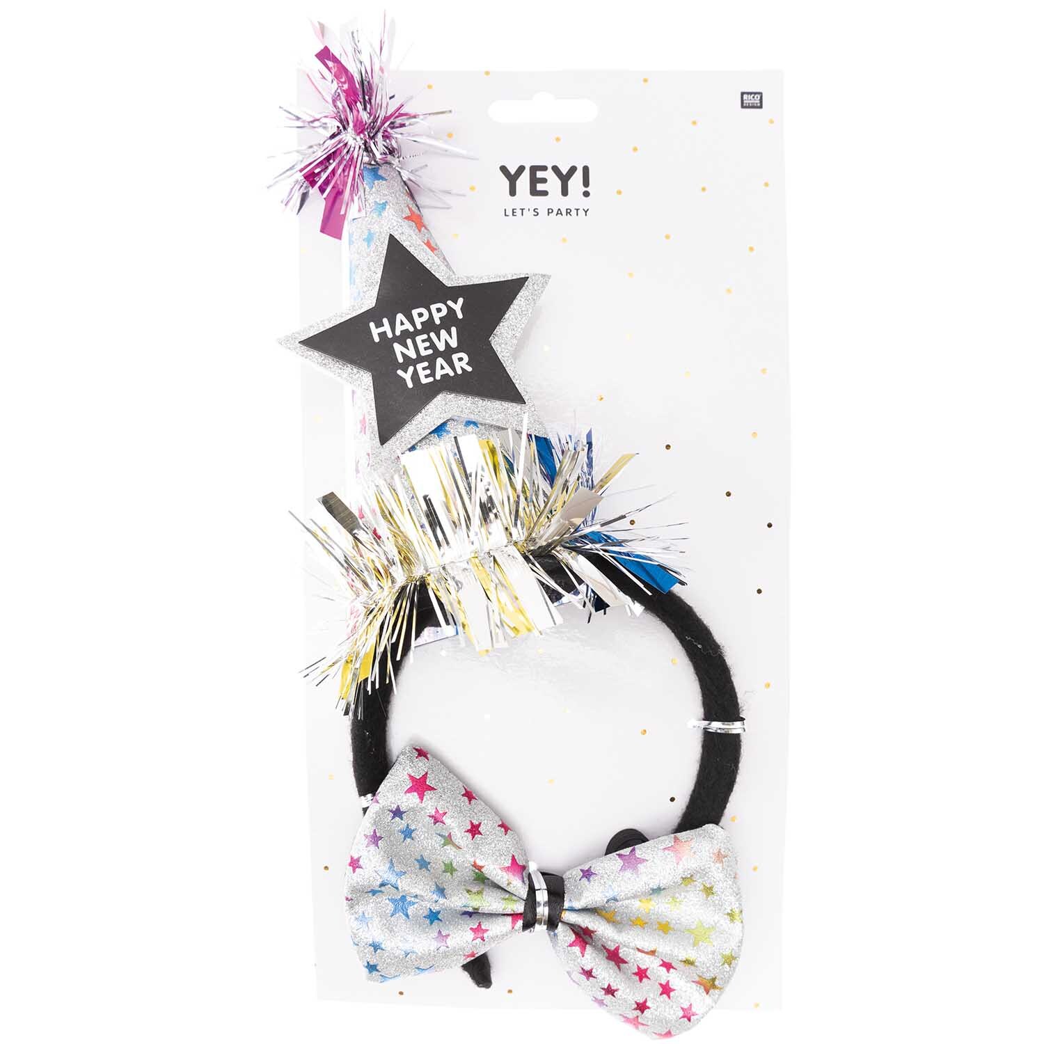 Haarreif und Fliege Happy New Year Sterne bunt 2-teilig von Rico Design