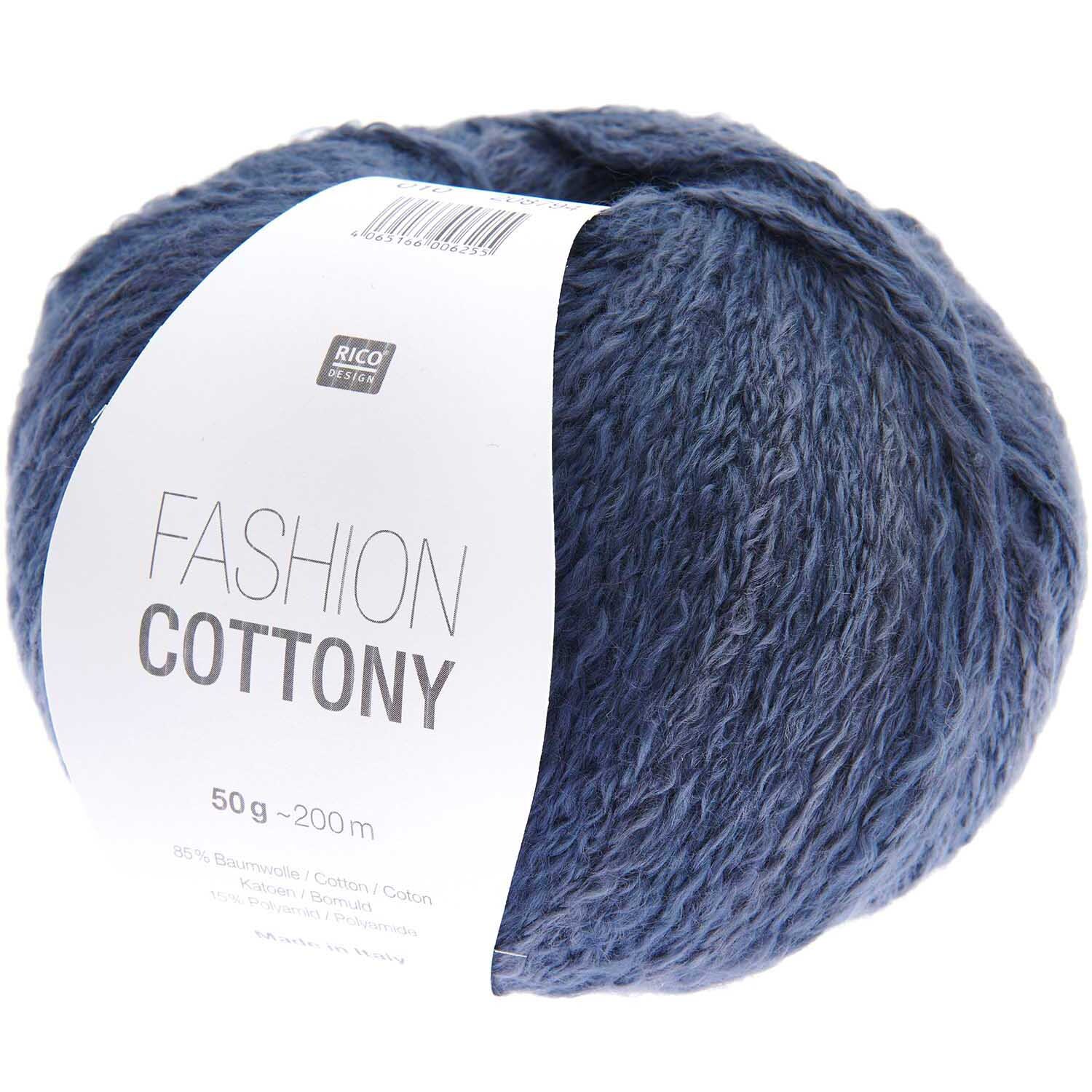Fashion Cottony: Dunkelblaues Garnknäuel von Rico Design, 50g, 200m, ideal für Strickprojekte.