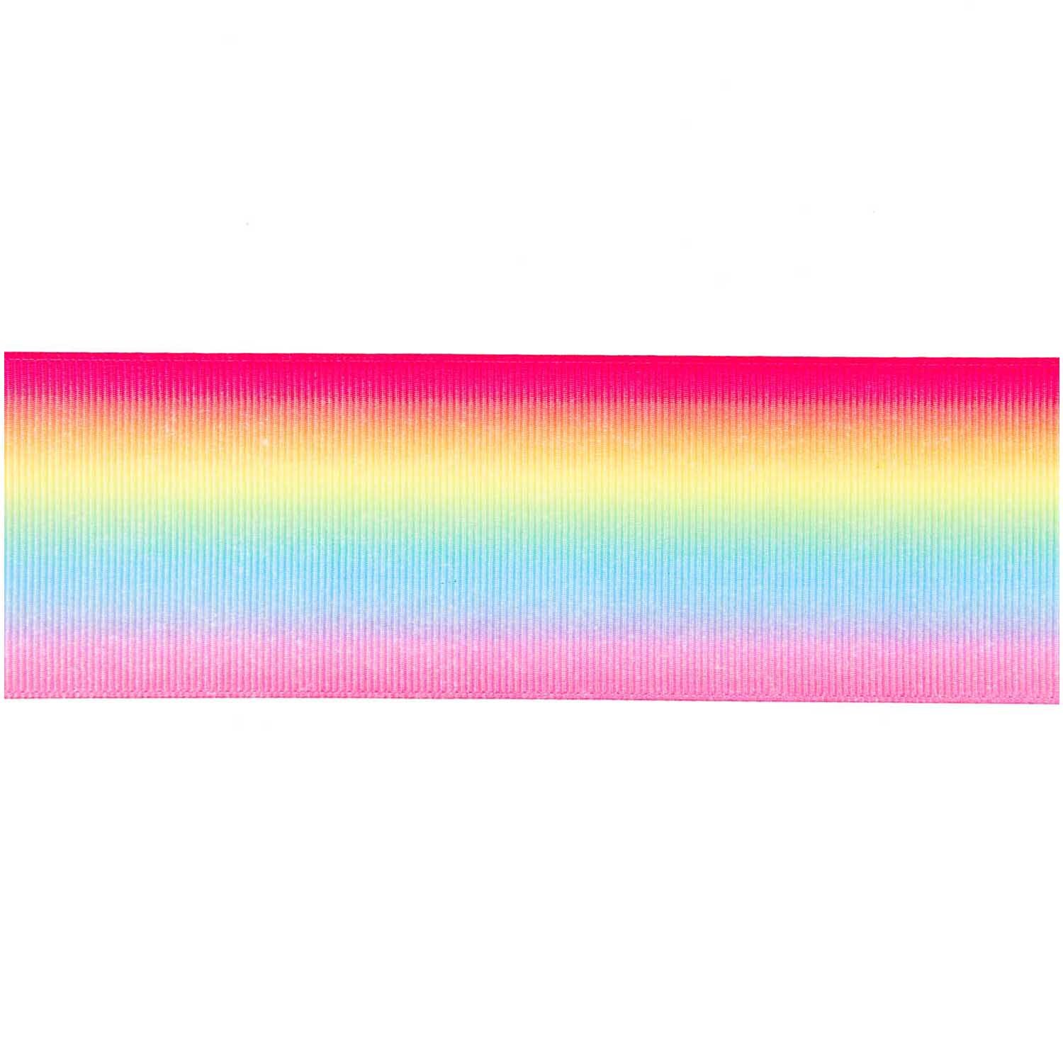 Dekoband mehrfarbig 5cm 3m von Rico Design zeigt einen Regenbogenverlauf in leuchtenden Farben.