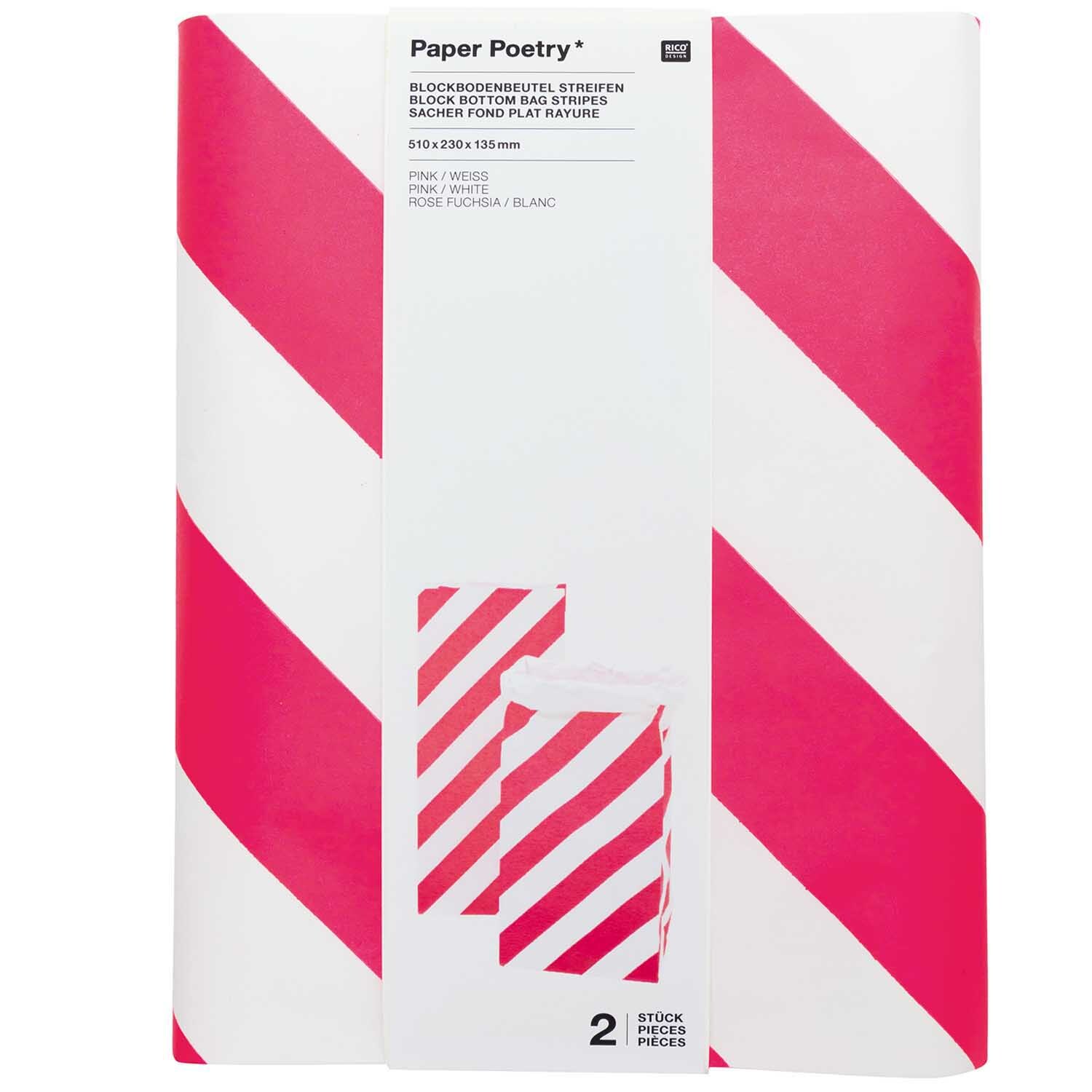 Paper Poetry Maxi-Blockbodenbeutel M Streifen 51x23x13,5cm 2 Stück Farbe Pink-Weiß von Rico Design Paper Poetry Maxi-Blockbodenbeutel M mit Streifenmuster in Pink-Weiß, 51x23x13,5cm, 2 Stück.