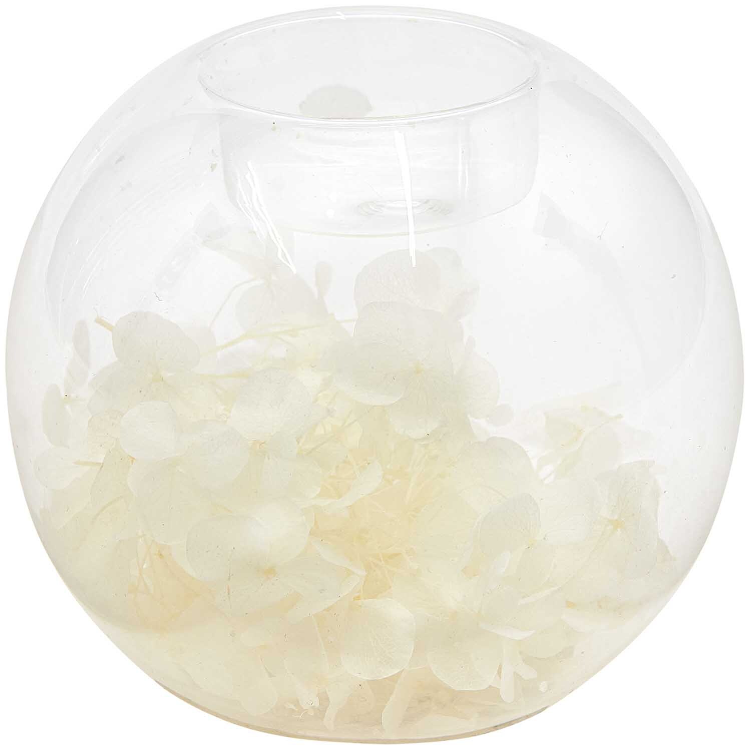 Teelichthalter mit Trockenblumen Kugel 9cm von Rico Design, transparent, mit weißen Trockenblumen gefüllt. Ideal für stilvolle Dekorationen.